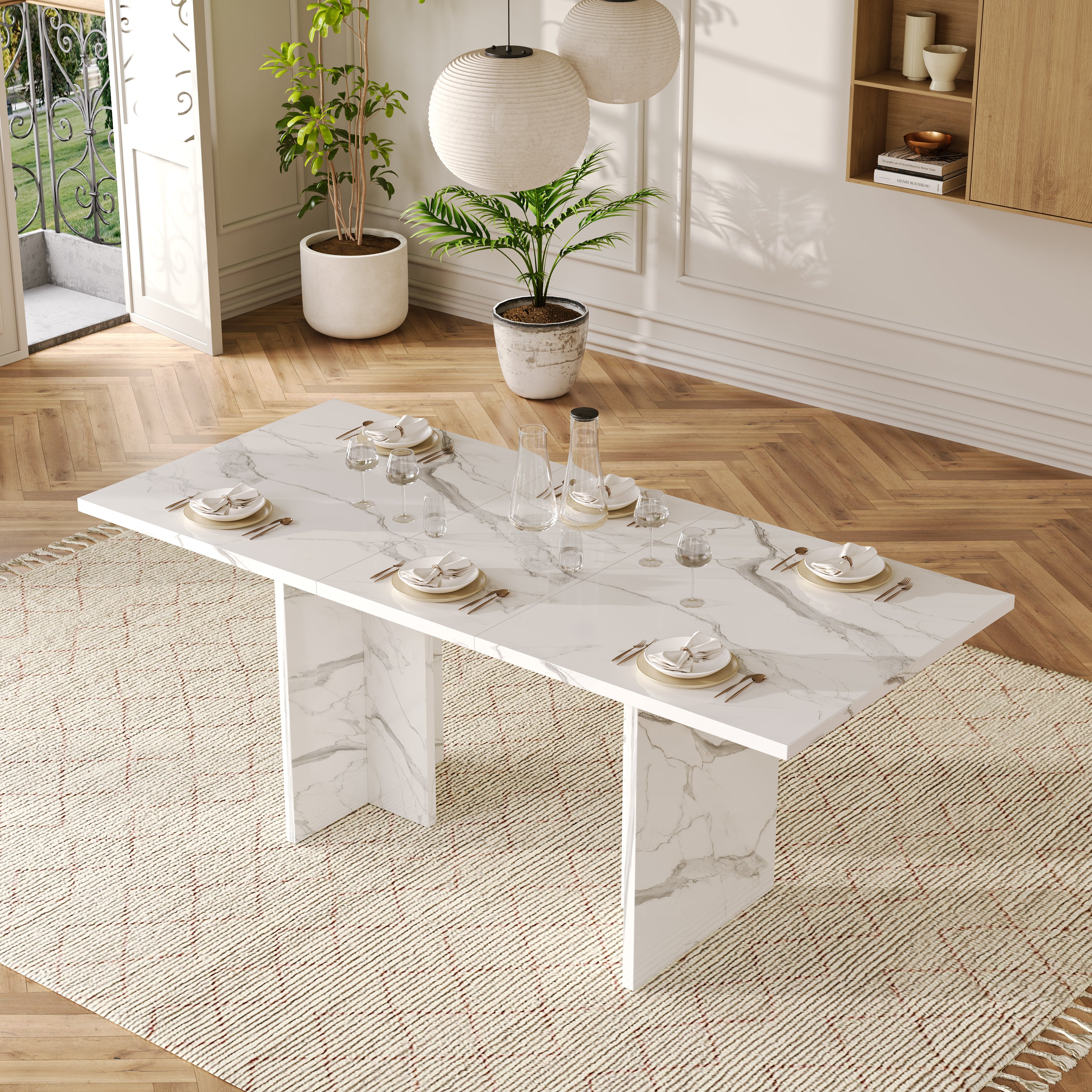 Extendable Dining Table 140/180x80cm Rectangular 6-8 Seater - White Marble