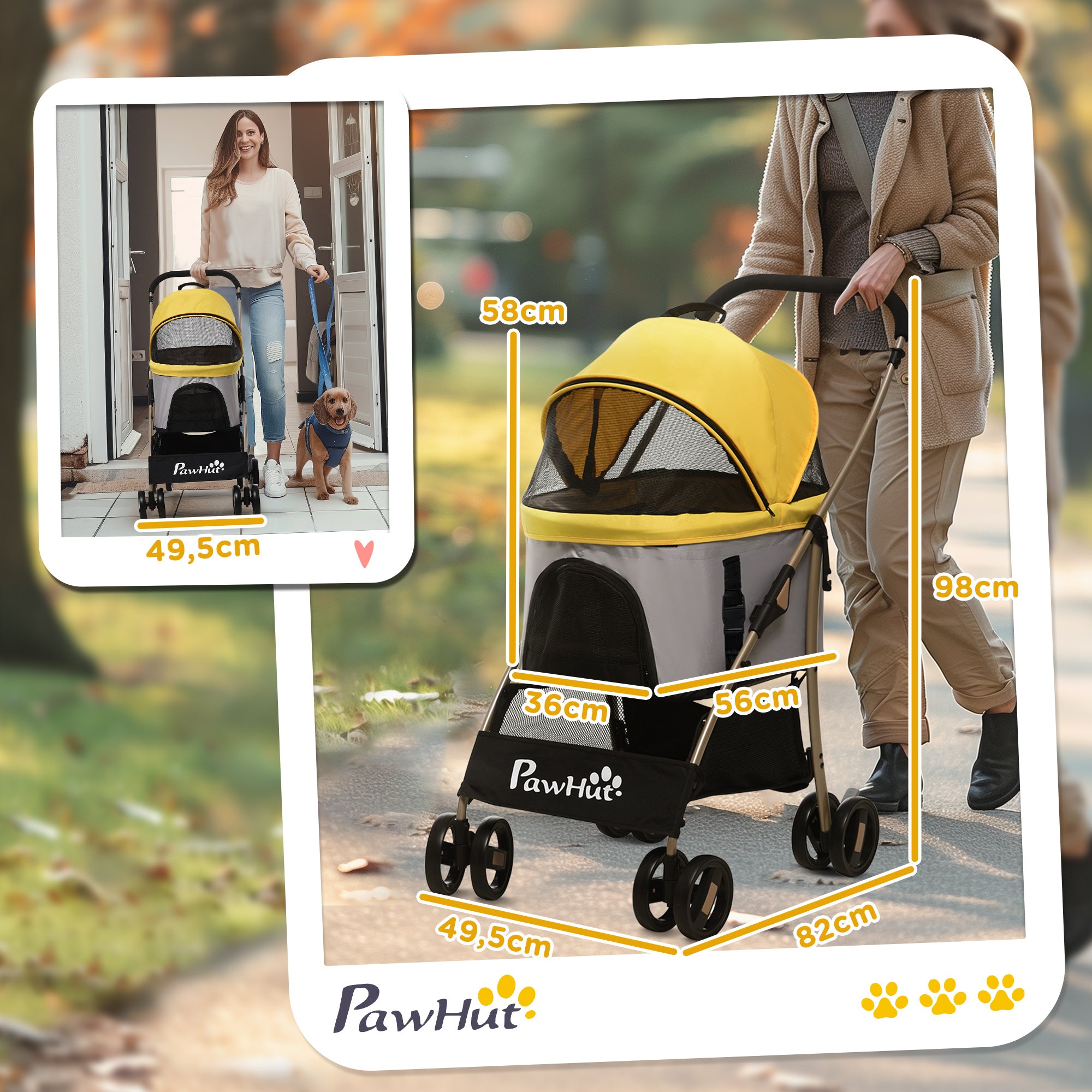 Dog Stroller, Foldable 2-in-1, 4 Wheels, Oxford Fabric, Yellow