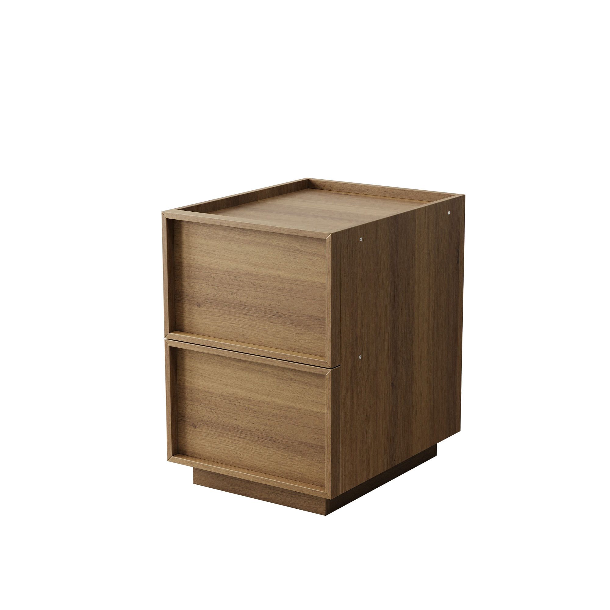 Medieval-Modern Bedside Table with 2 Handleless Drawers and Metal Rails, Oak Look MDF