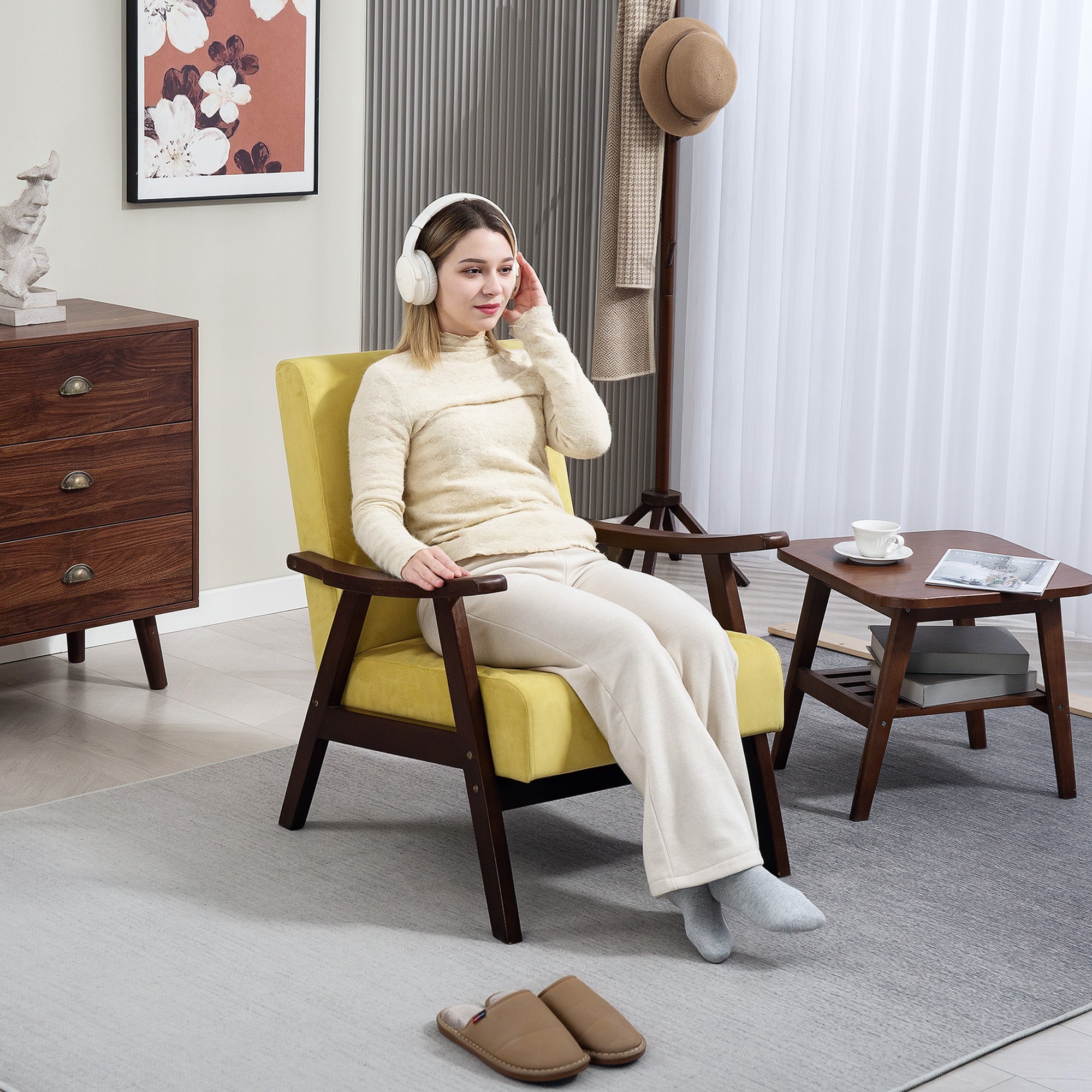 Nordic Accent Chair with Solid Wood Frame, Velvet Champagne