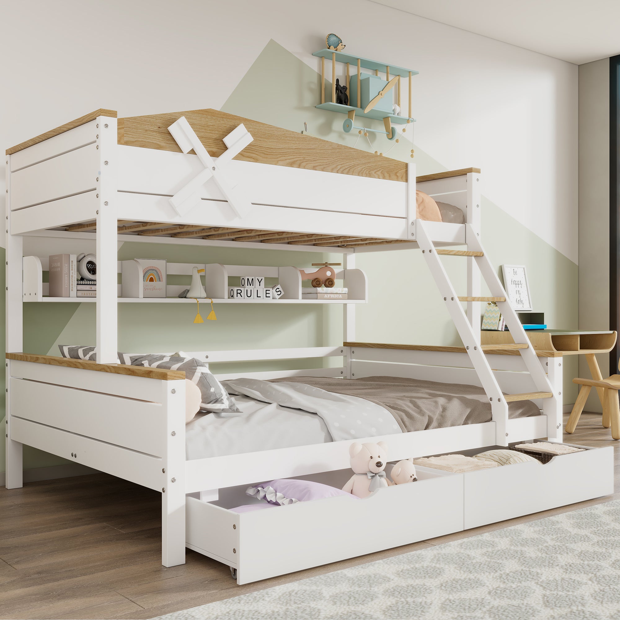 Bunk Bed with Windmill, Shelves & Drawers, Pine + MDF, White + Natural