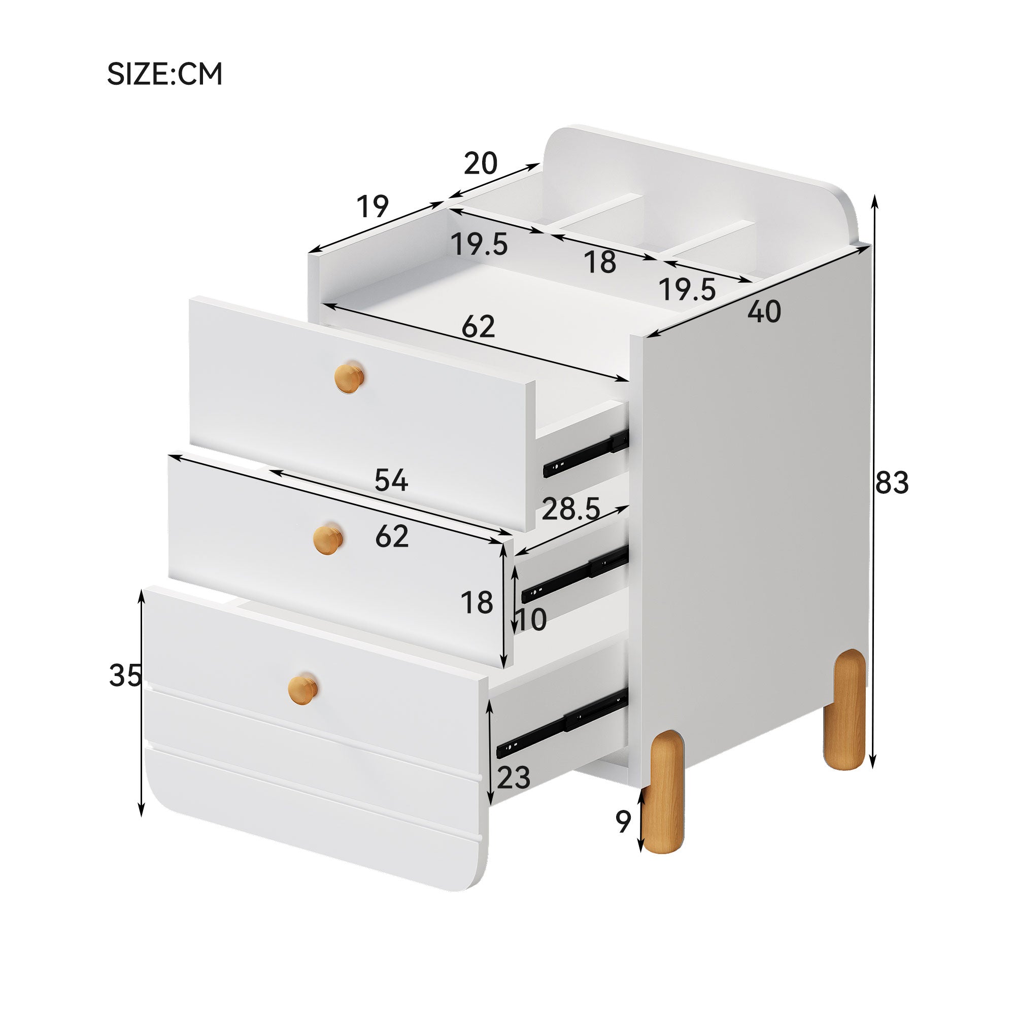 Bedside Table with 3 Drawers, Silent Design, Wood Feet, White