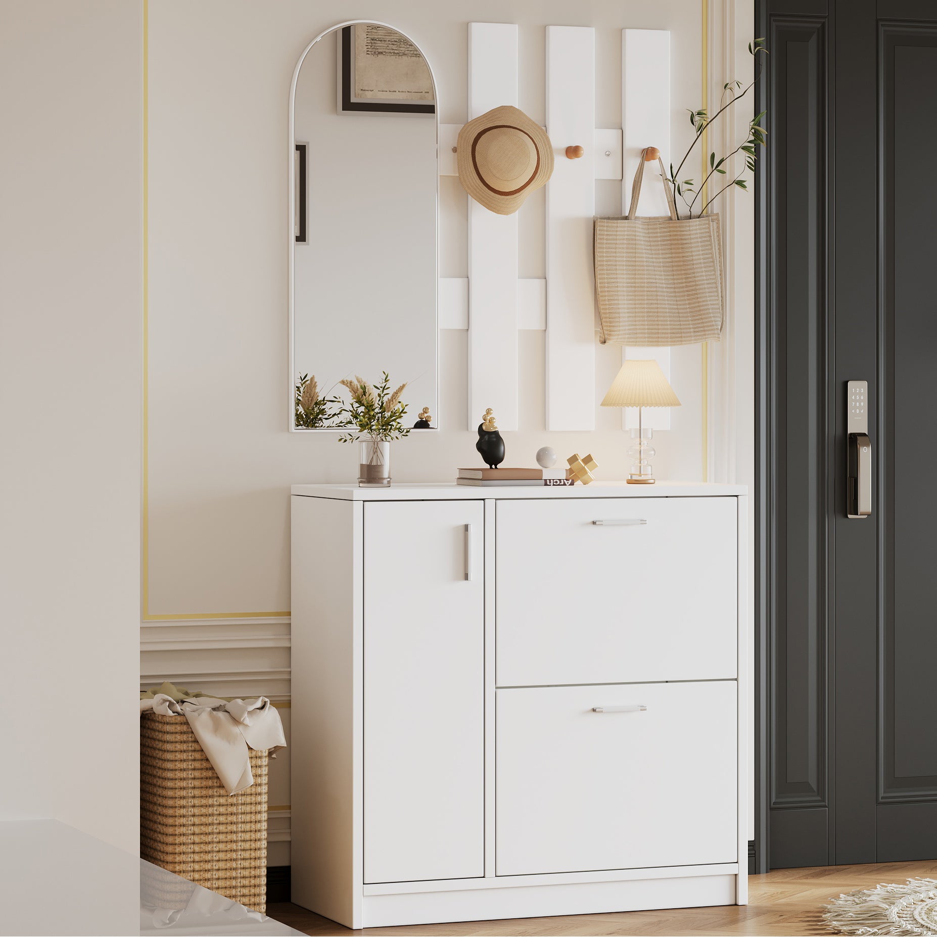 Shoe Cabinet, Folding Doors with Mirror & Hooks, White