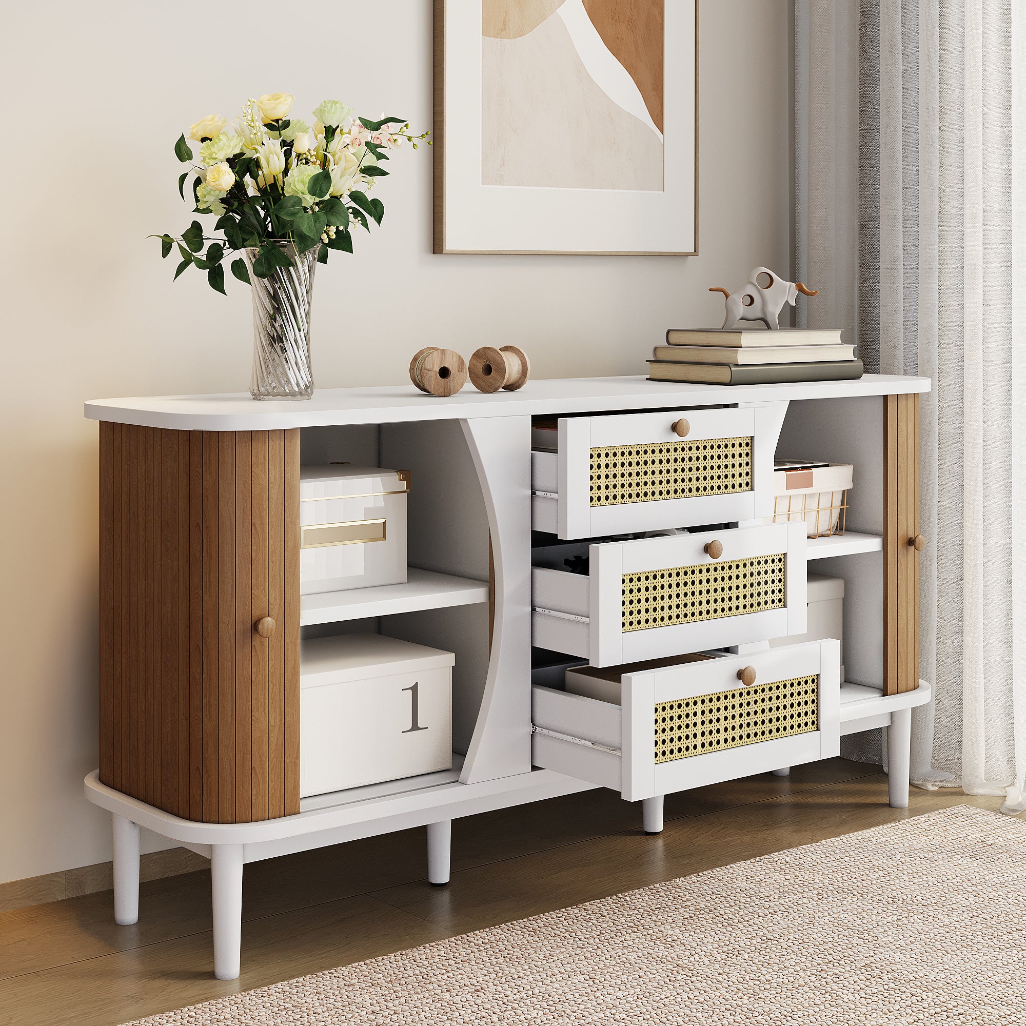 Sideboard, Rattan Sliding Door Chest, Adjustable Shelves, White and Wood