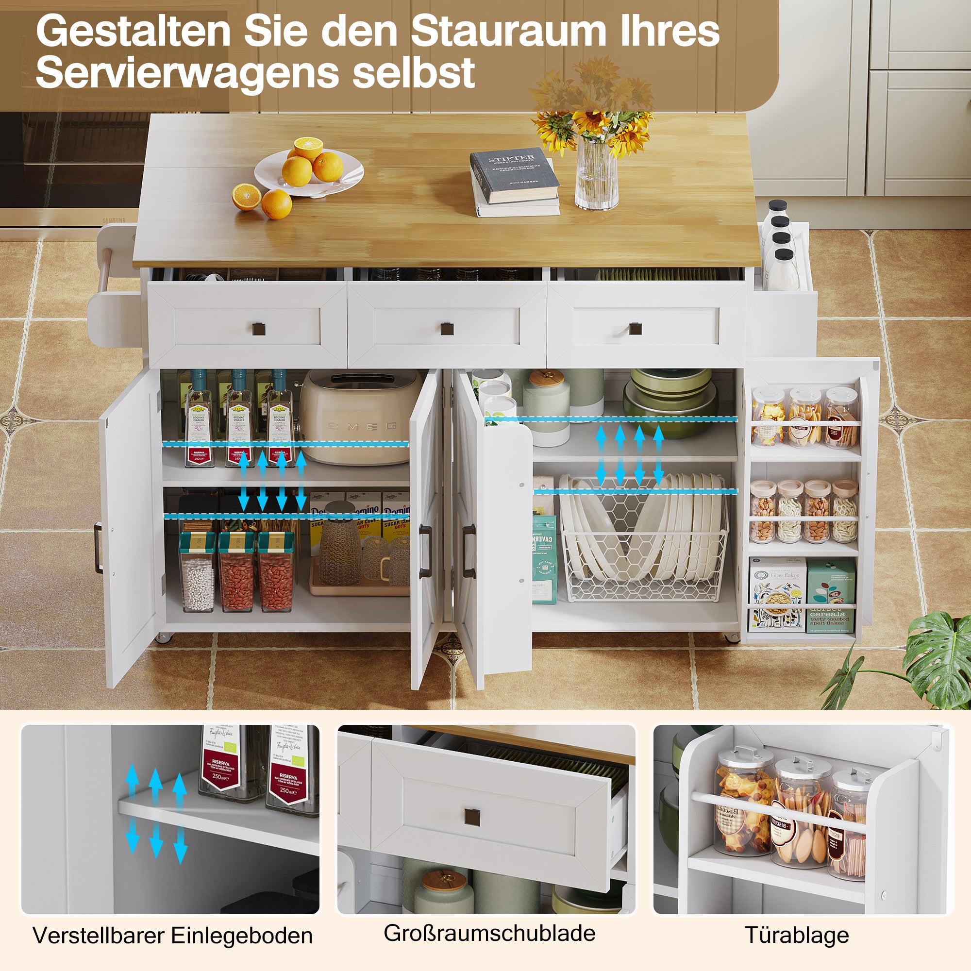 Kitchen Island Fold-Down Worktop 4 Doors 3 Drawers Barn Style with Casters - White