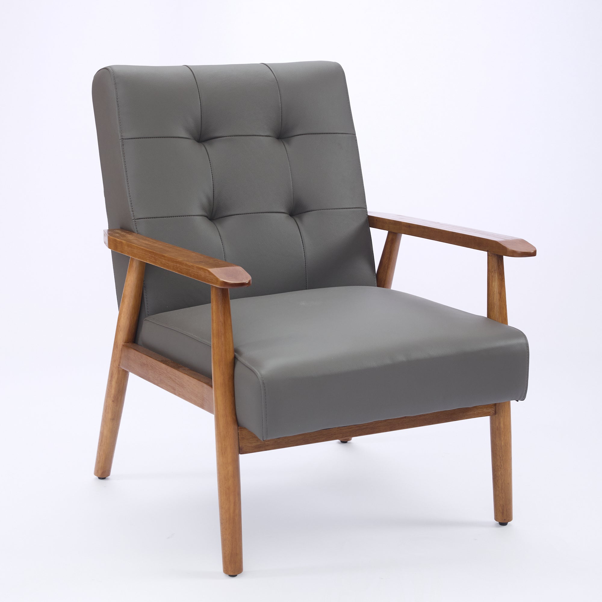Lounge Chair, Genuine Leather with Walnut Armrests and Rubberwood Legs