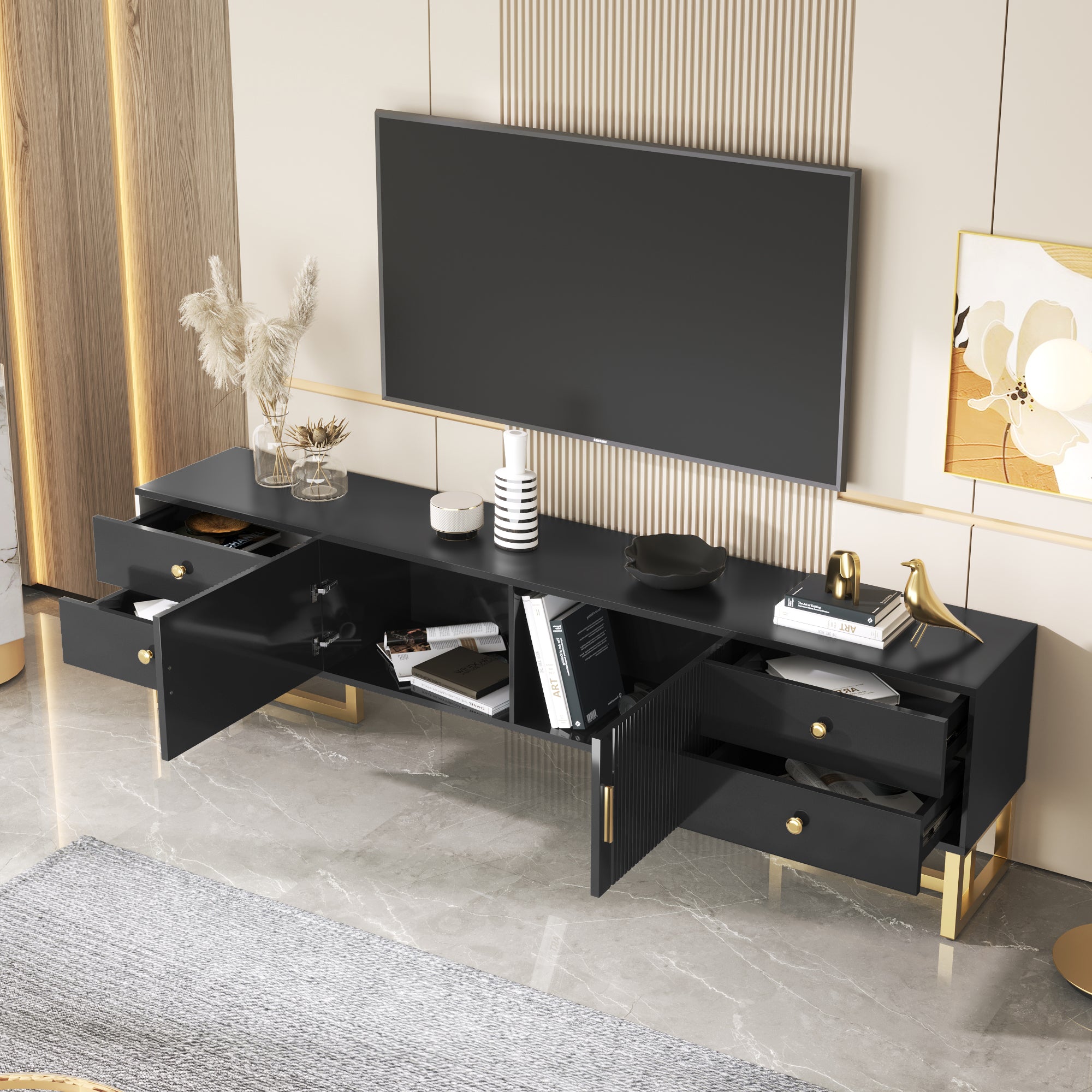 TV Cabinet, Low Panel Textured Door with Drawers, Gold Handles & Feet