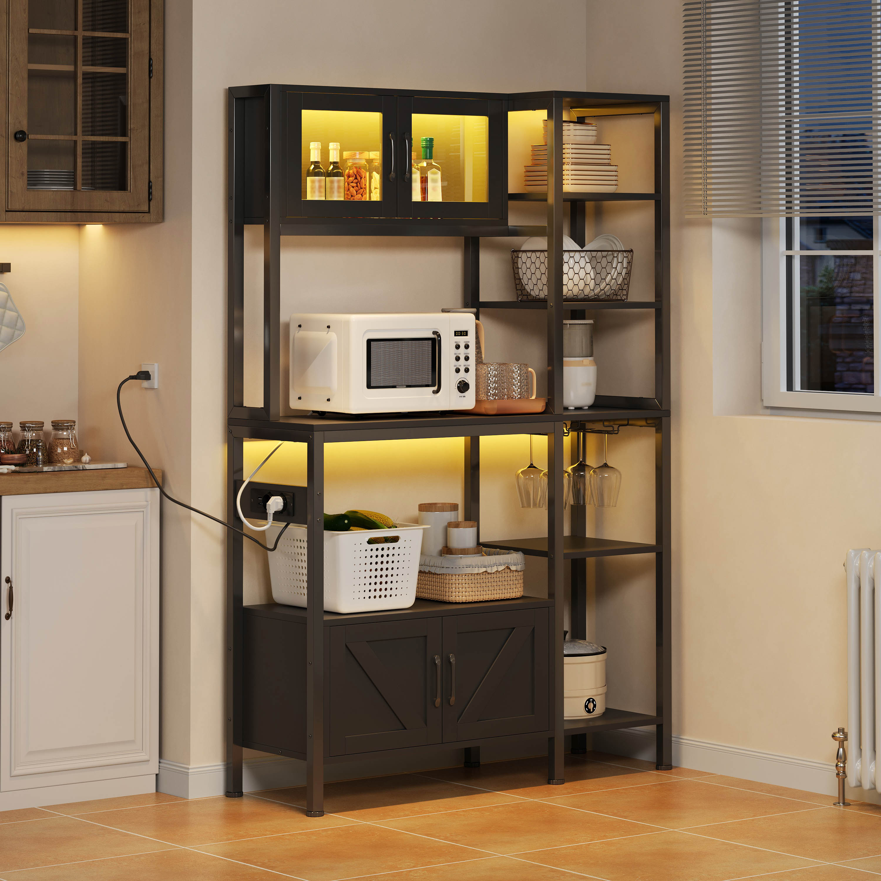 Kitchen Baker's Rack with Power Outlet and LED Lights, Microwave Shelf and Wine Glass Holder, Particle Board and Stainless Steel