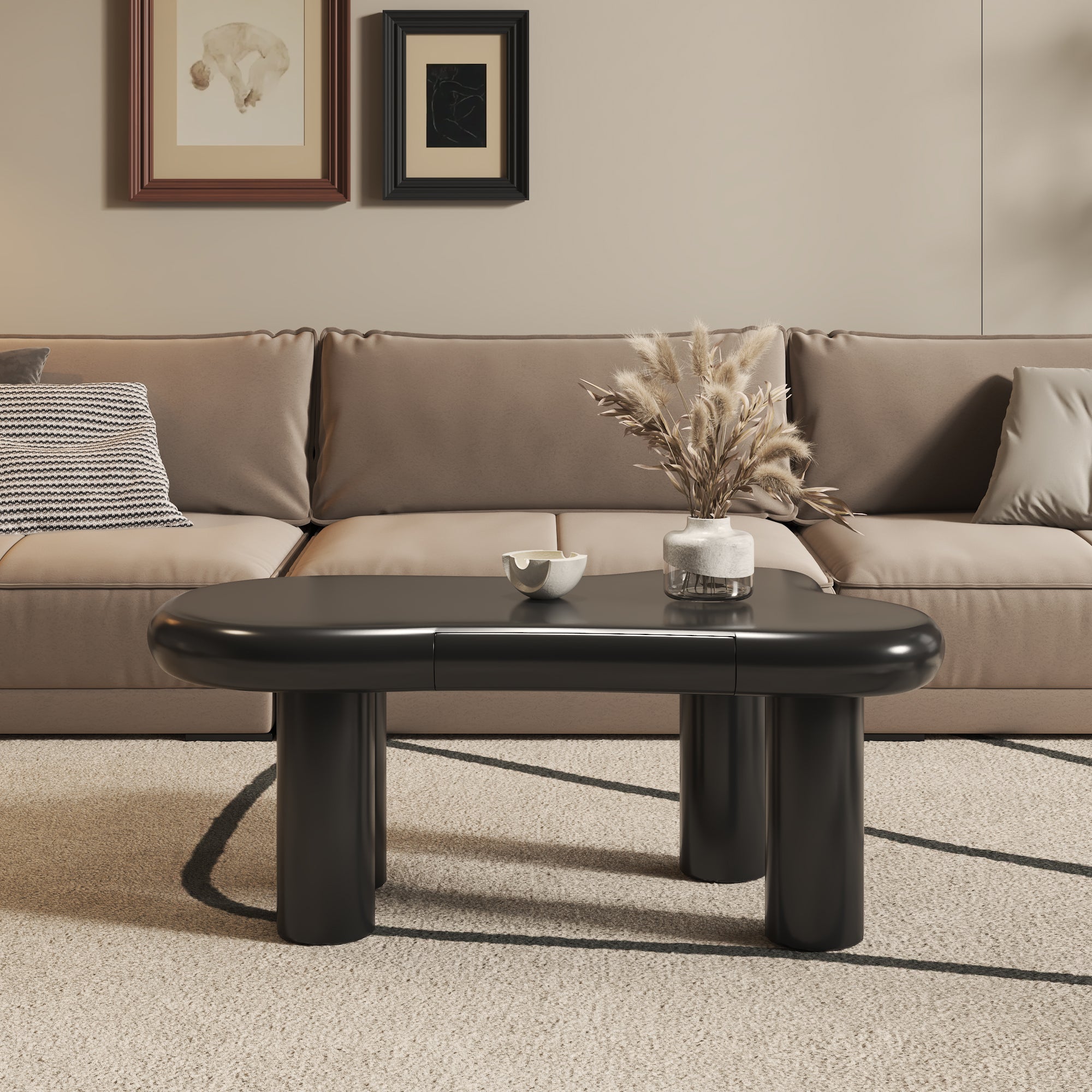 Coffee Table, Cloud-Shaped with 16-Color LED & Drawer, Black MDF