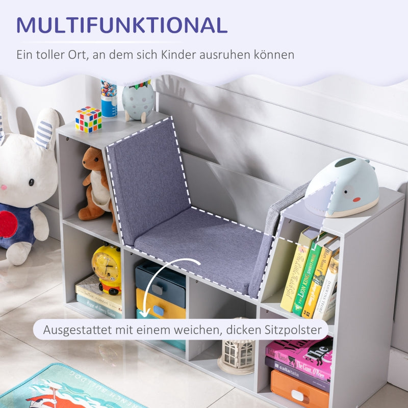 Children's Shelf Bookcase, Stool Bench 6 Compartments Toy Box, Grey