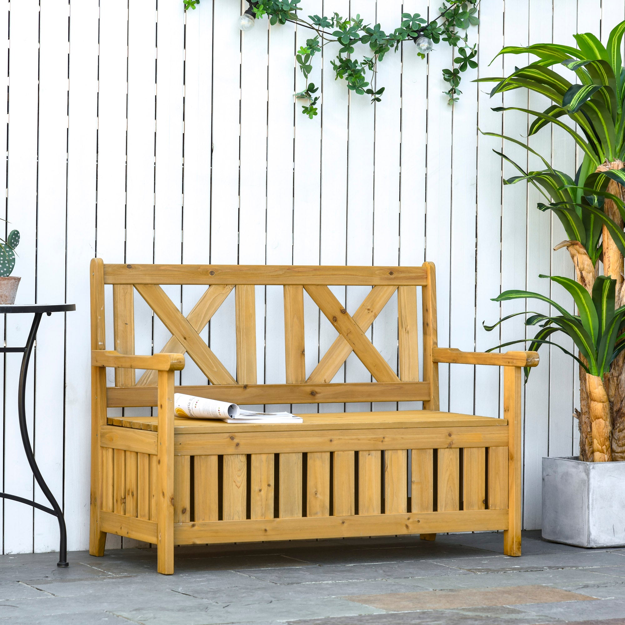 2-Seater Garden Storage Bench for Patio Outdoor Seating Wood