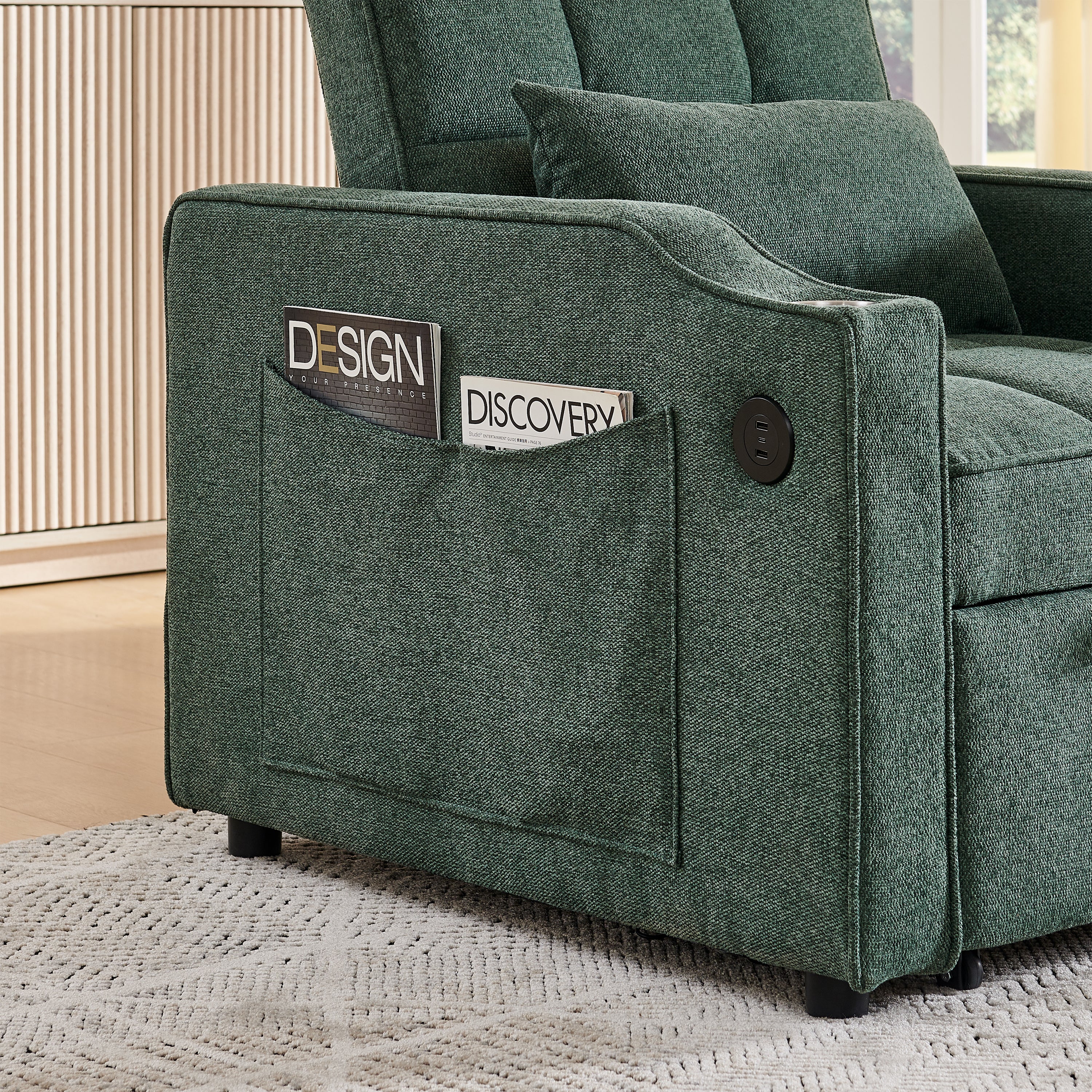 3-in-1 Light Luxury Sofa Bed with Slide-to-Transform Design and USB Charging, Green