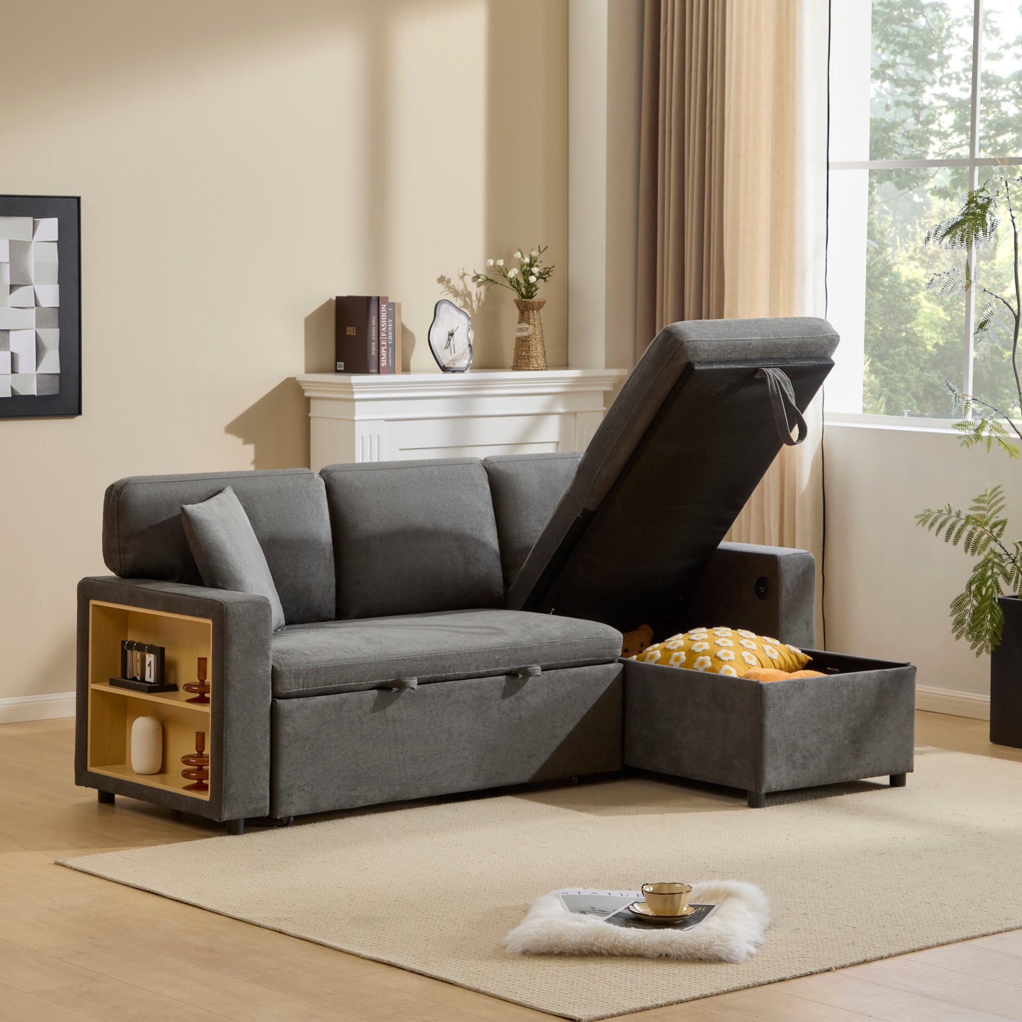 Corner Sofa Bed, L-Shaped Extendable with Storage & Shelf, Dark Grey