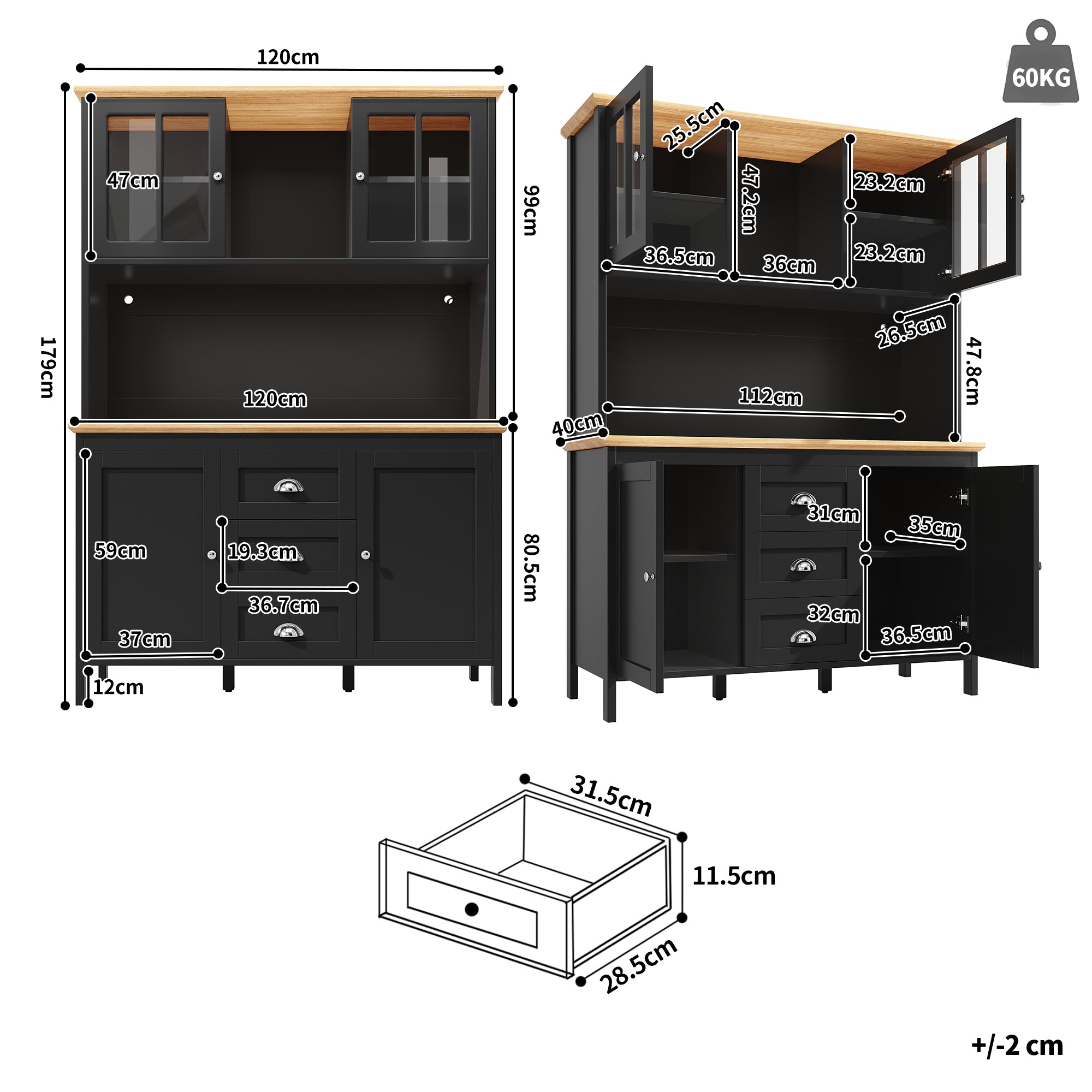 Tall Sideboard with LED Lighting, 4 Doors and 3 Drawers, White and Black