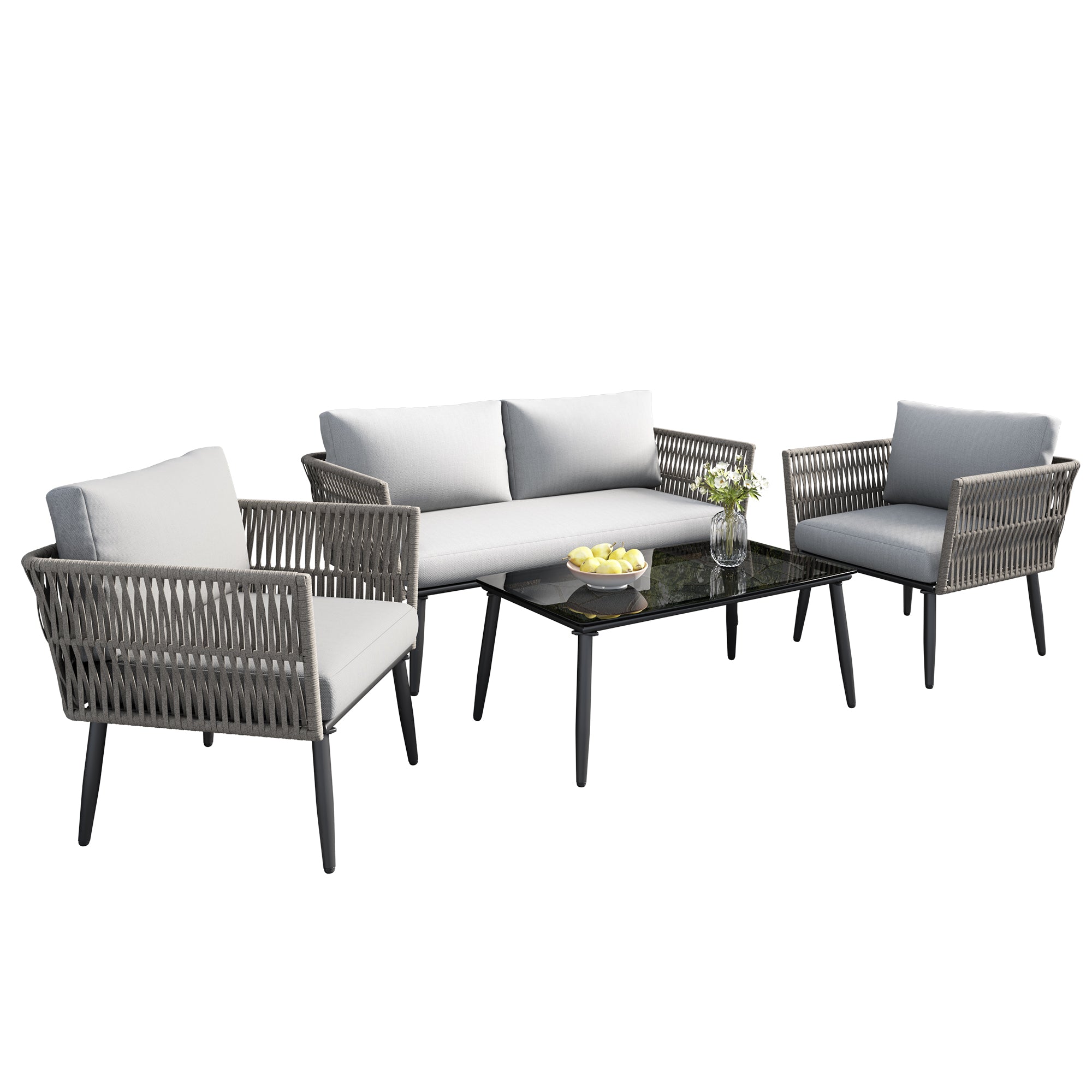 Garden Lounge Set with 2-Seater Sofa, 2 Armchairs and Coffee Table, Grey PE Rope and Steel