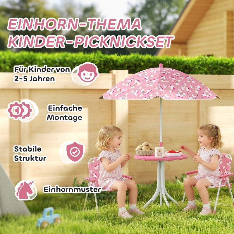 Children's Seating Set 4-Piece Table 2 Folding Chairs Removable Parasol Pink