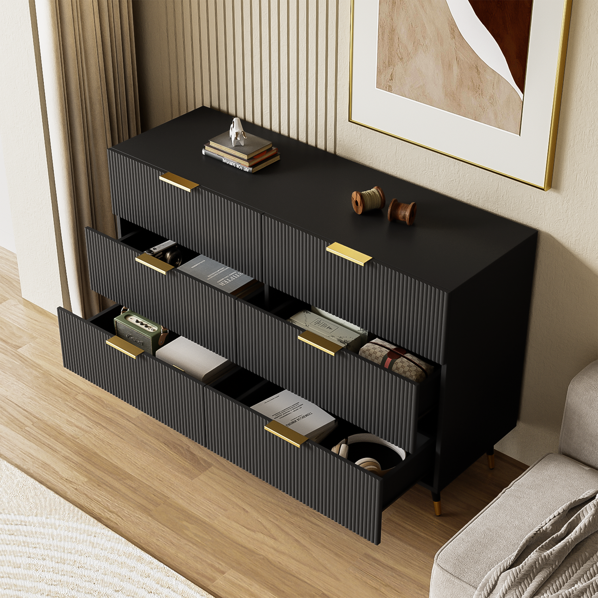Sideboard, Modern Design Chest of Drawers, Black and Gold