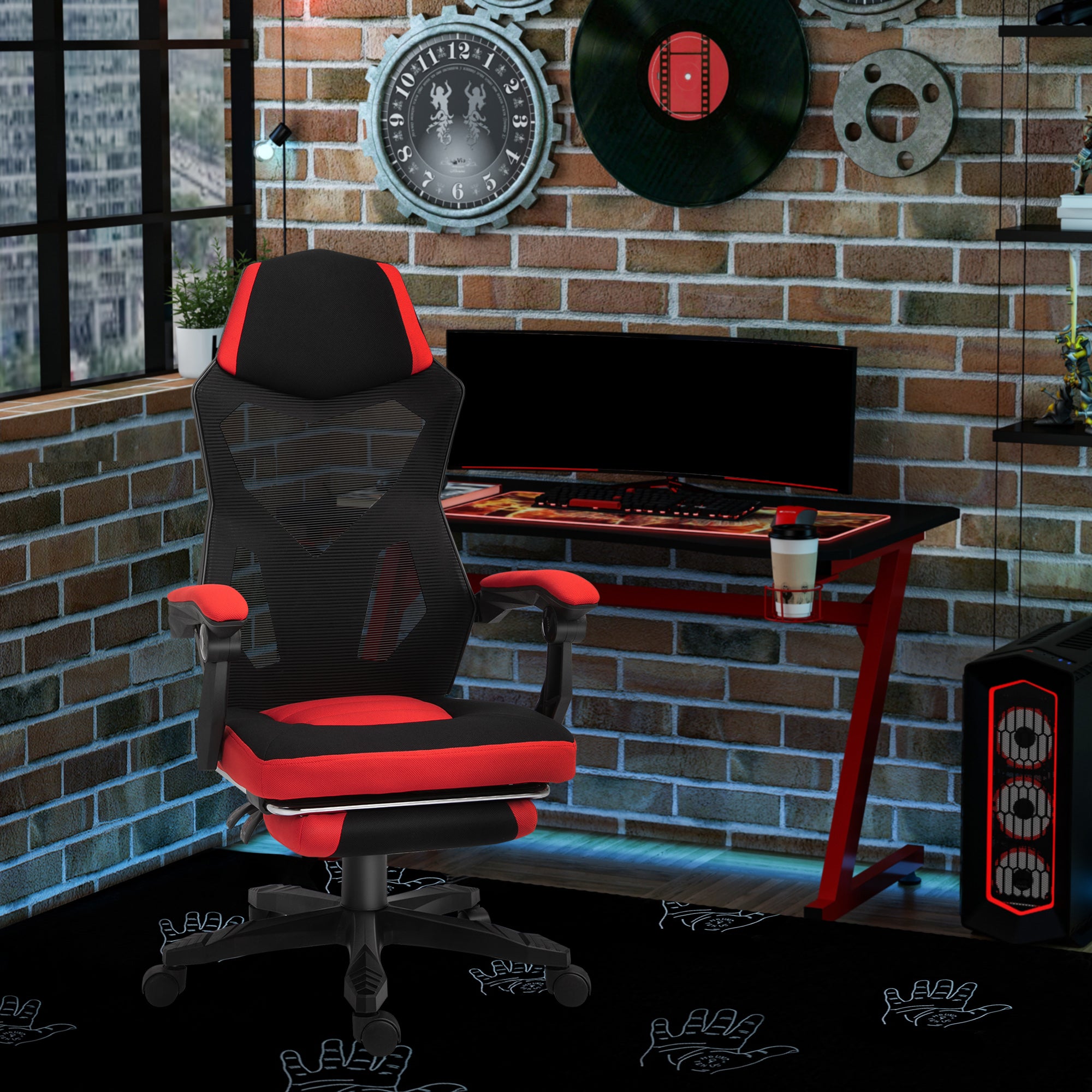 Vinsetto Gaming Chair with Footrest, Height Adjustable, Polyester Black Red