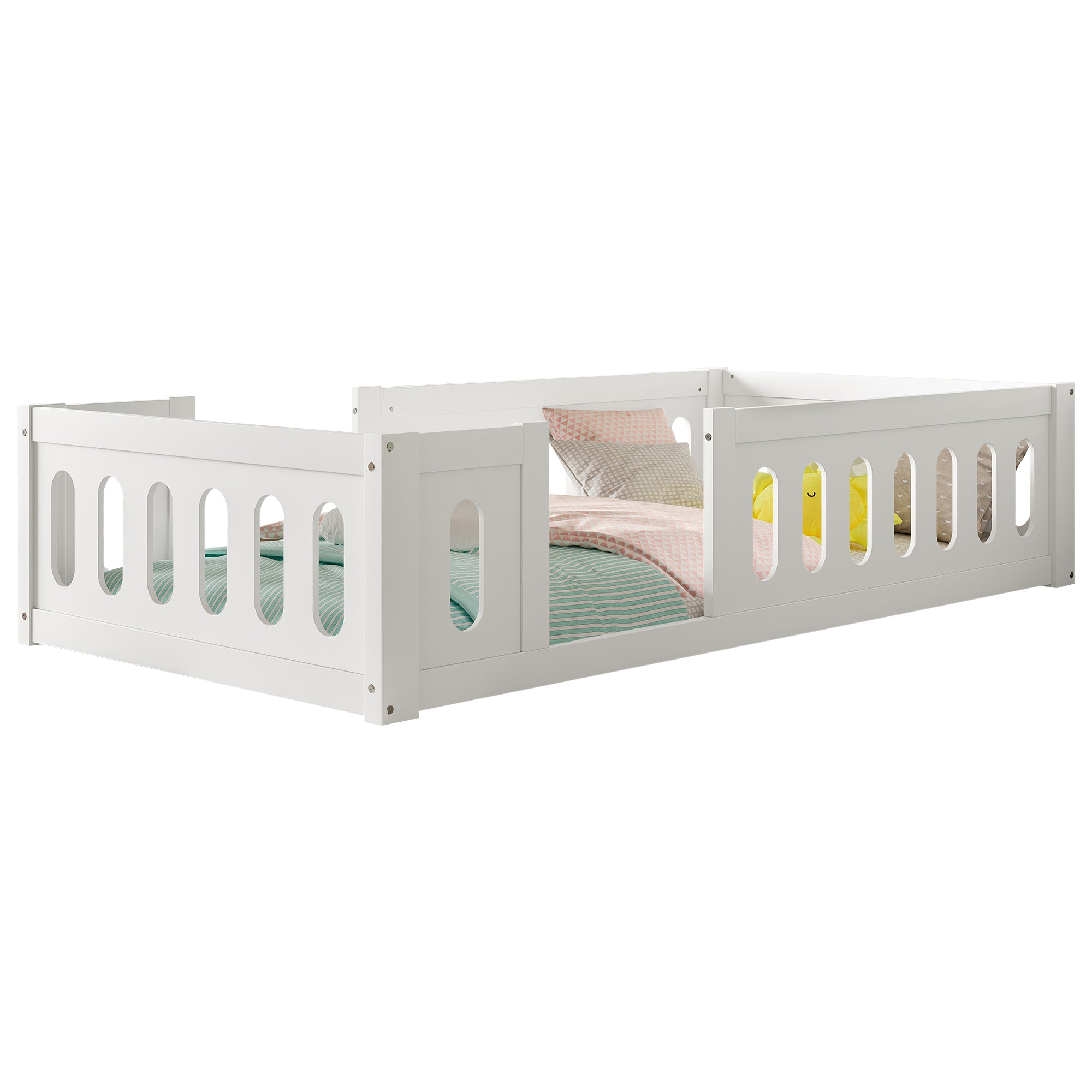 Wooden Platform Bed 90x200 with Railing, White