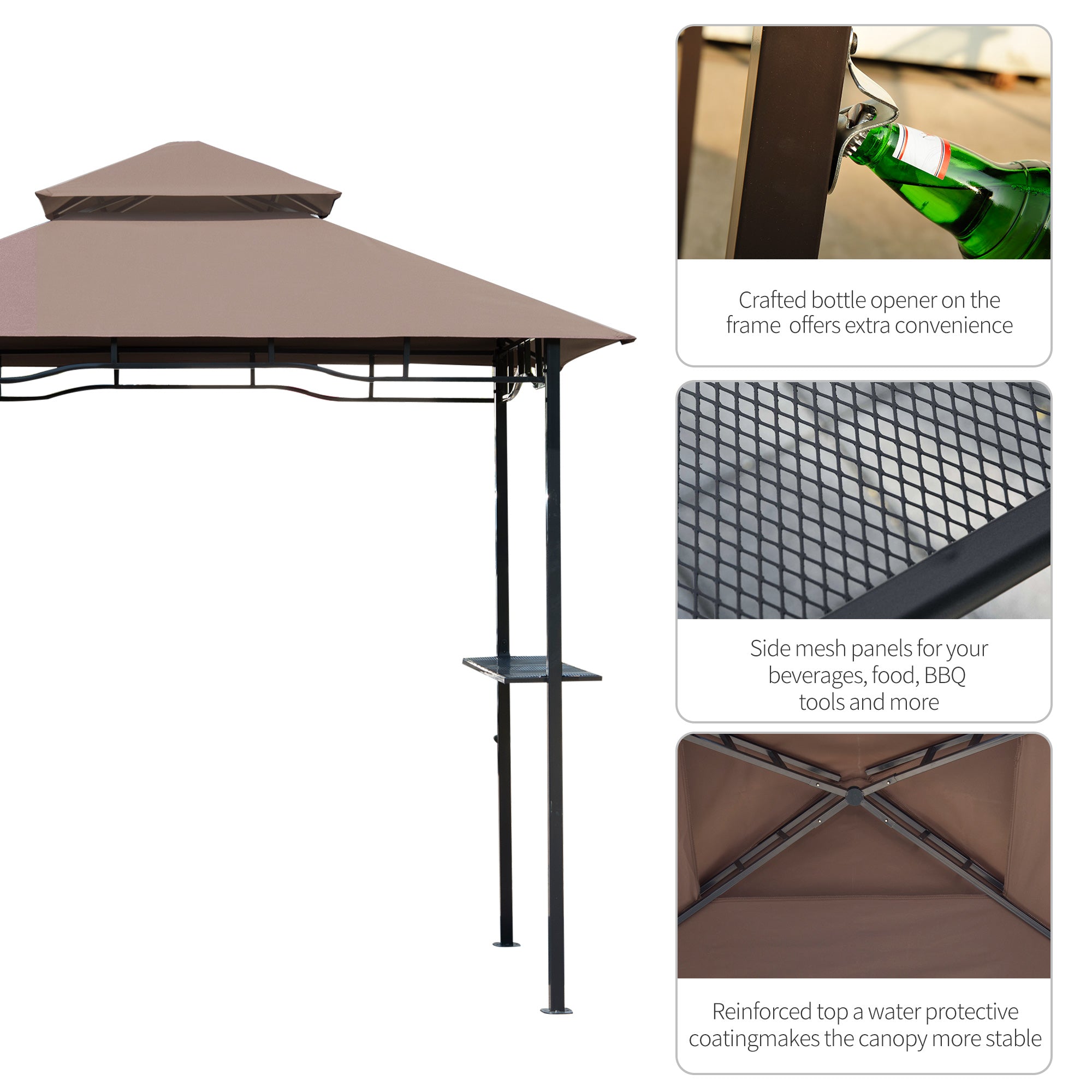 Grill Gazebo Canopy, 2.5x1.5m Double Tiered BBQ Shelter w/ 2 Side Shelves, Coffee