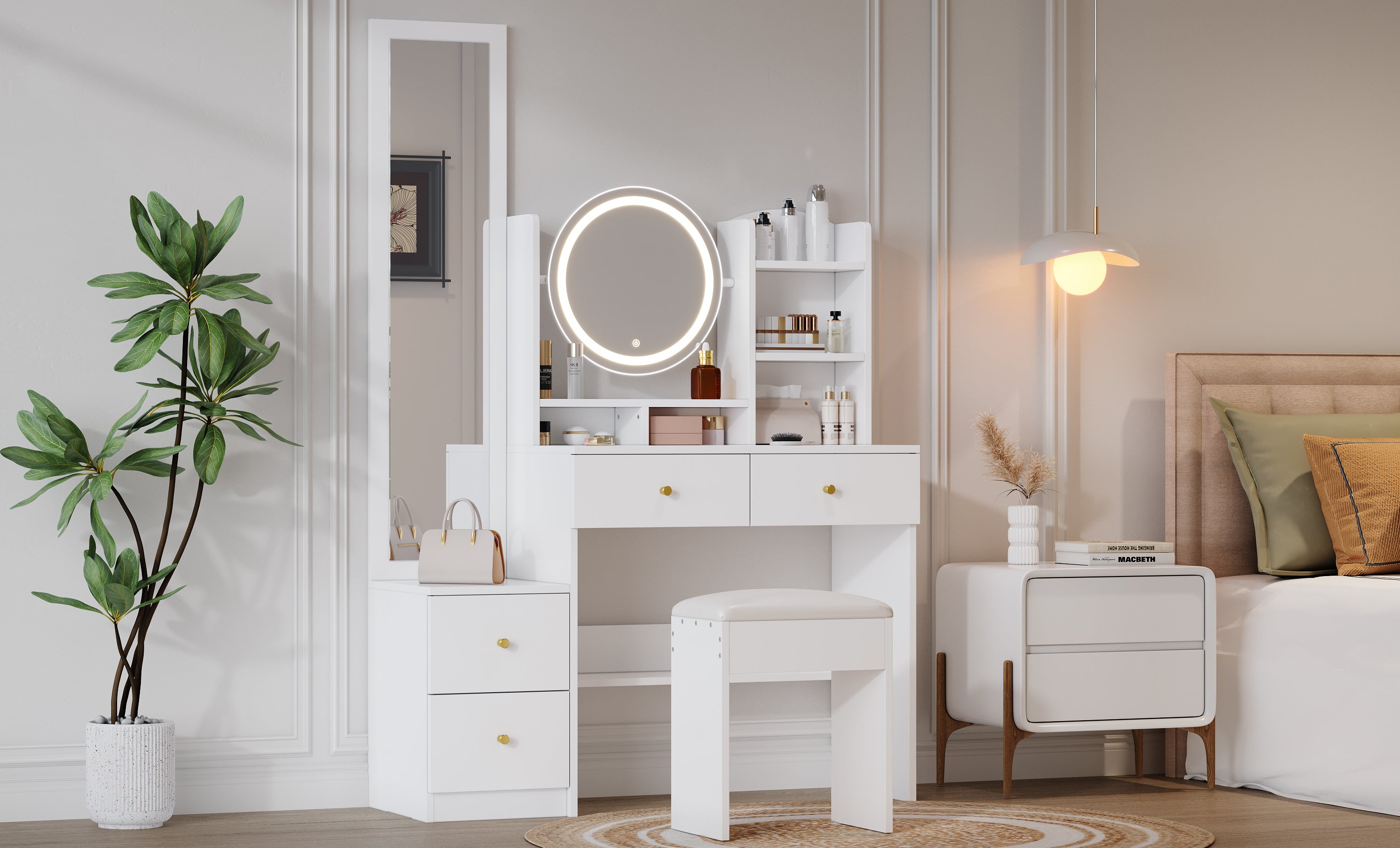 4-in-1 shoe cabinet makeup table with full-length mirror, 3-color led lighting, metal handle, white