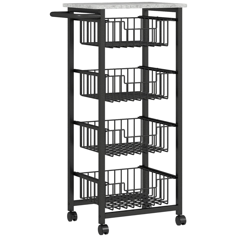 Kitchen Trolley 4-Tier Rolling with 4 Steel Baskets