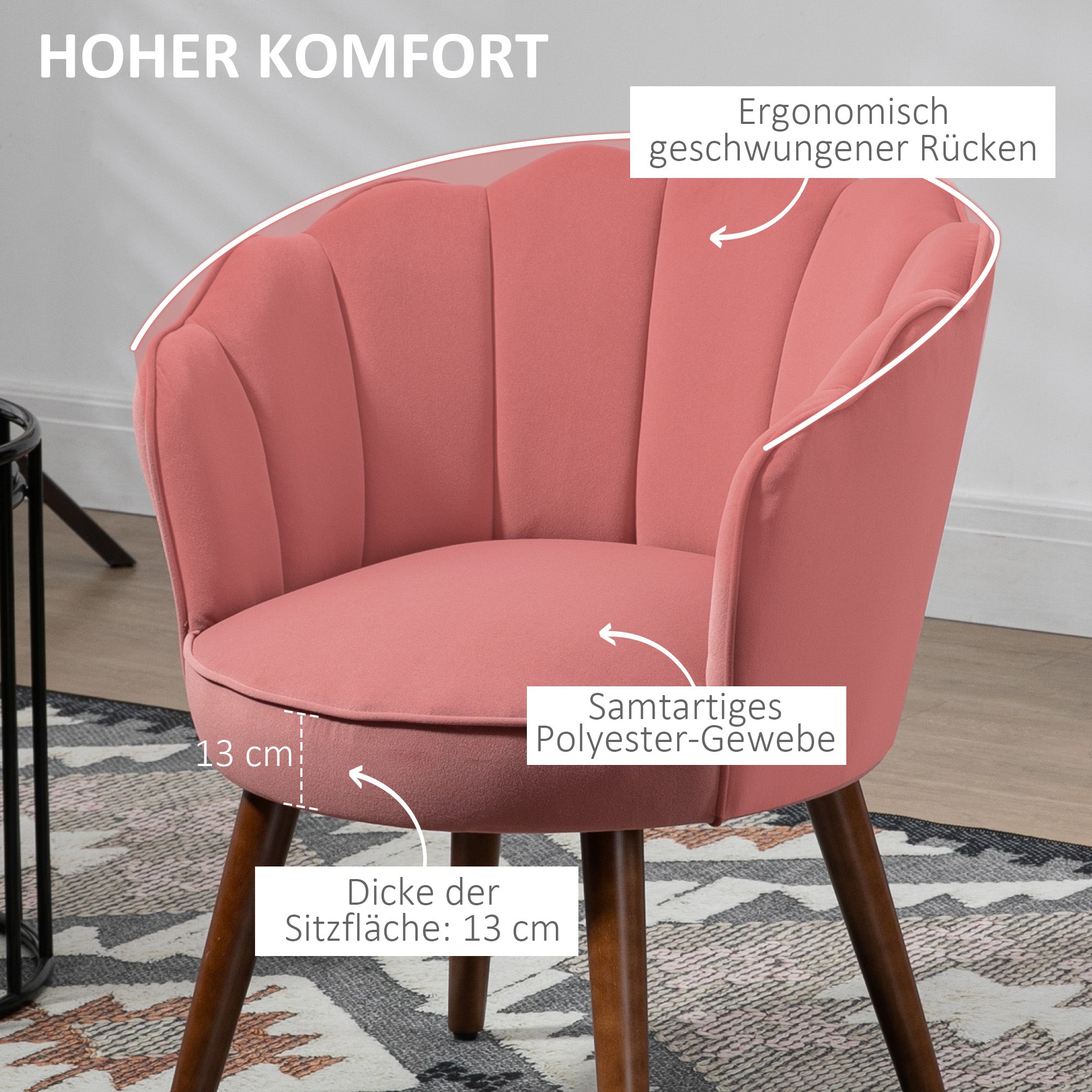 Dining Chair Armchair Backrest Living Room Polyester Rubber Wood Pink