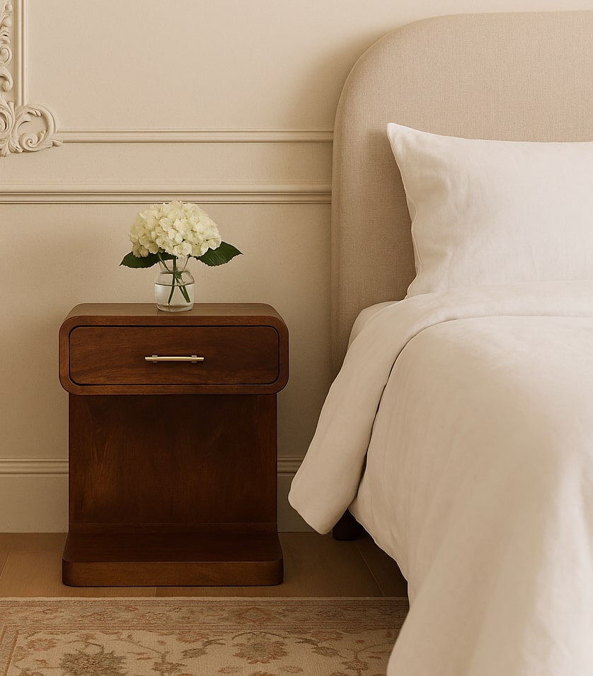 Solid Wood Bedside, T-Bar Rounded, 1 Drawer, 1 Open Slot, Dark Brown Chestnut