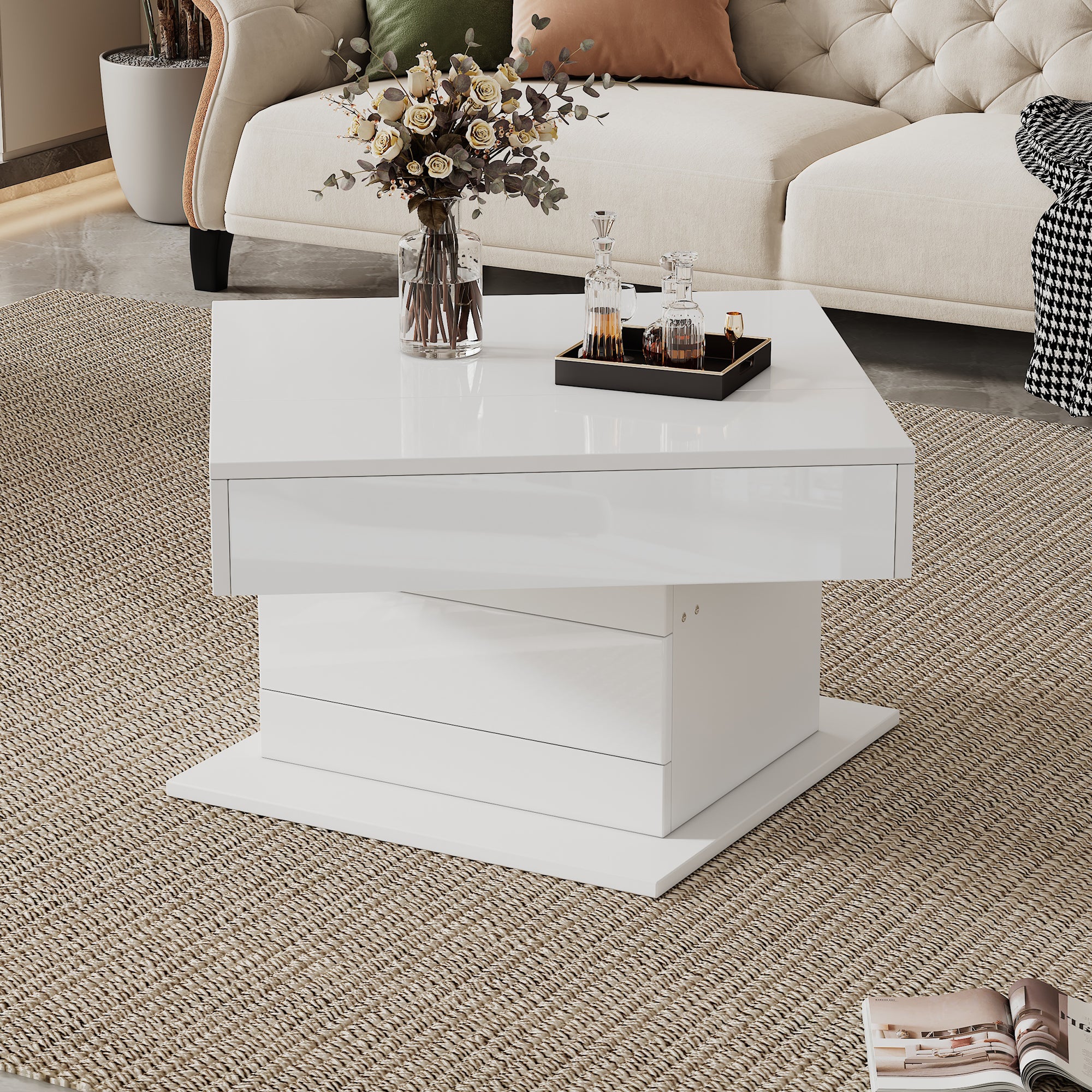 Coffee Table Geometric Lift-Up 360° Swivel Top 1 Drawer Hidden Storage - High-Gloss White
