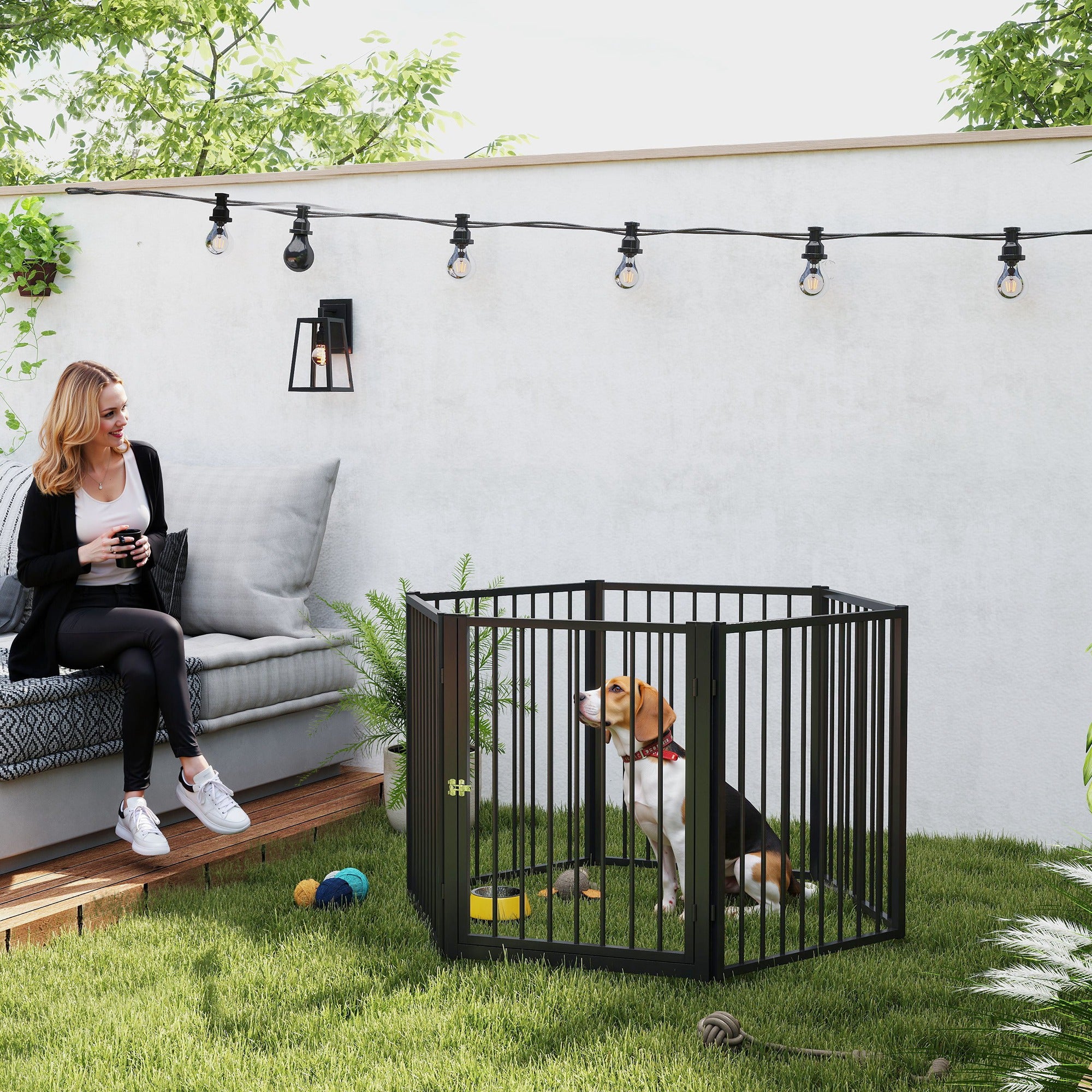 Puppy Playpen, 76cm High, 8-Piece with Door, Steel, Black