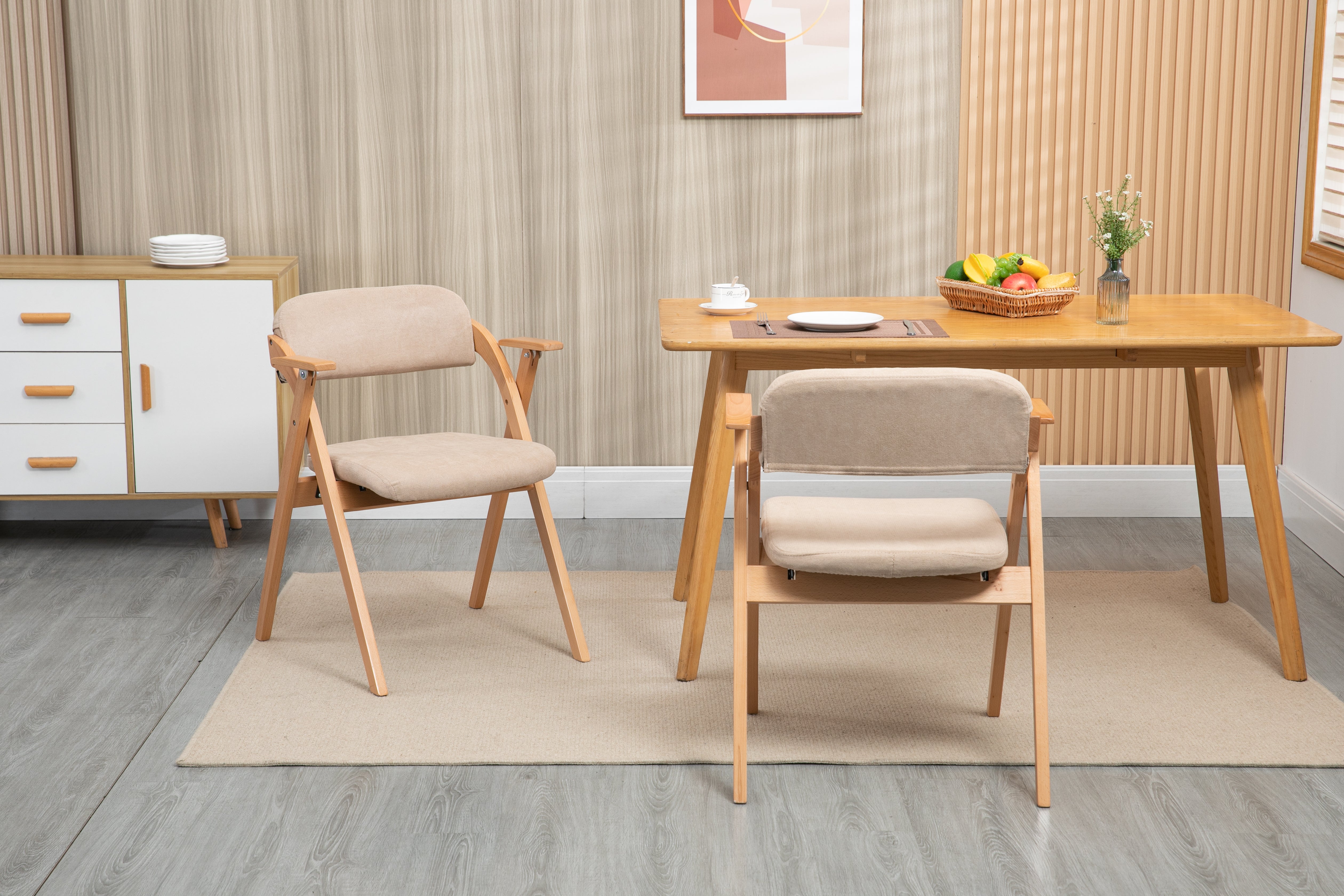 HOMEFUN Folding Dining Chairs, Padded Stackable with Armrest (Set of 2), Wooden Khaki