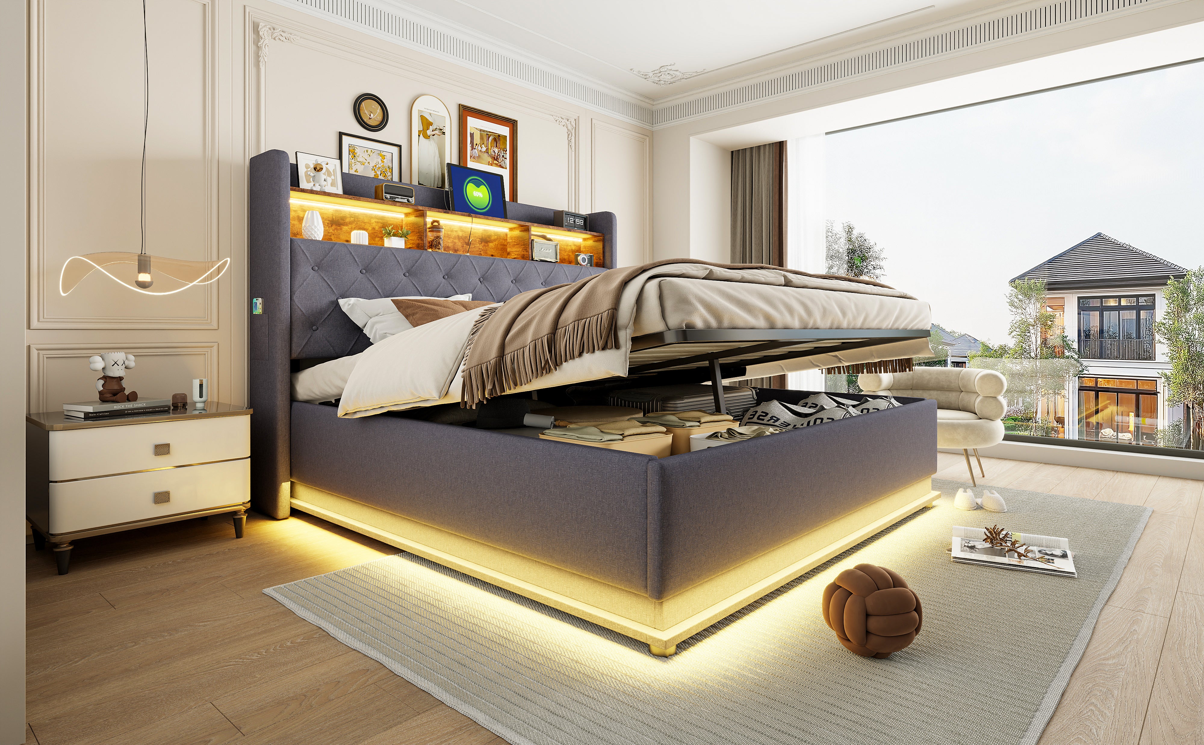 LED upholstered bed with USB and hydraulic storage, linen grey