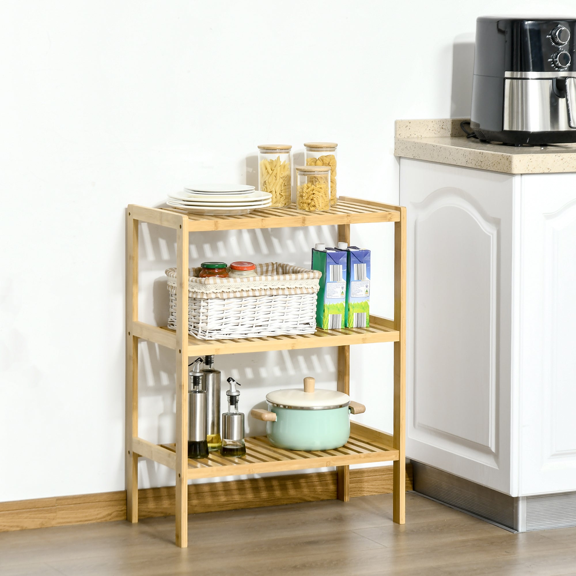 Bathroom Shelf, 3 Levels Standing Kitchen, Natural Bamboo