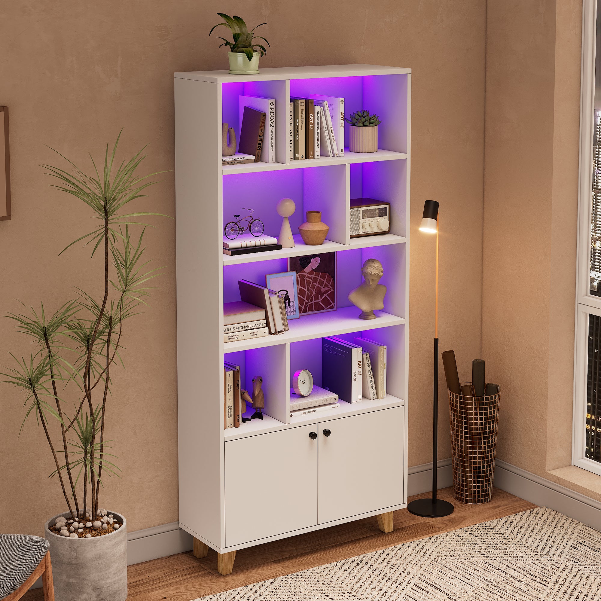 Bookshelf with Solid Wood Legs and LED Ambient Light, White
