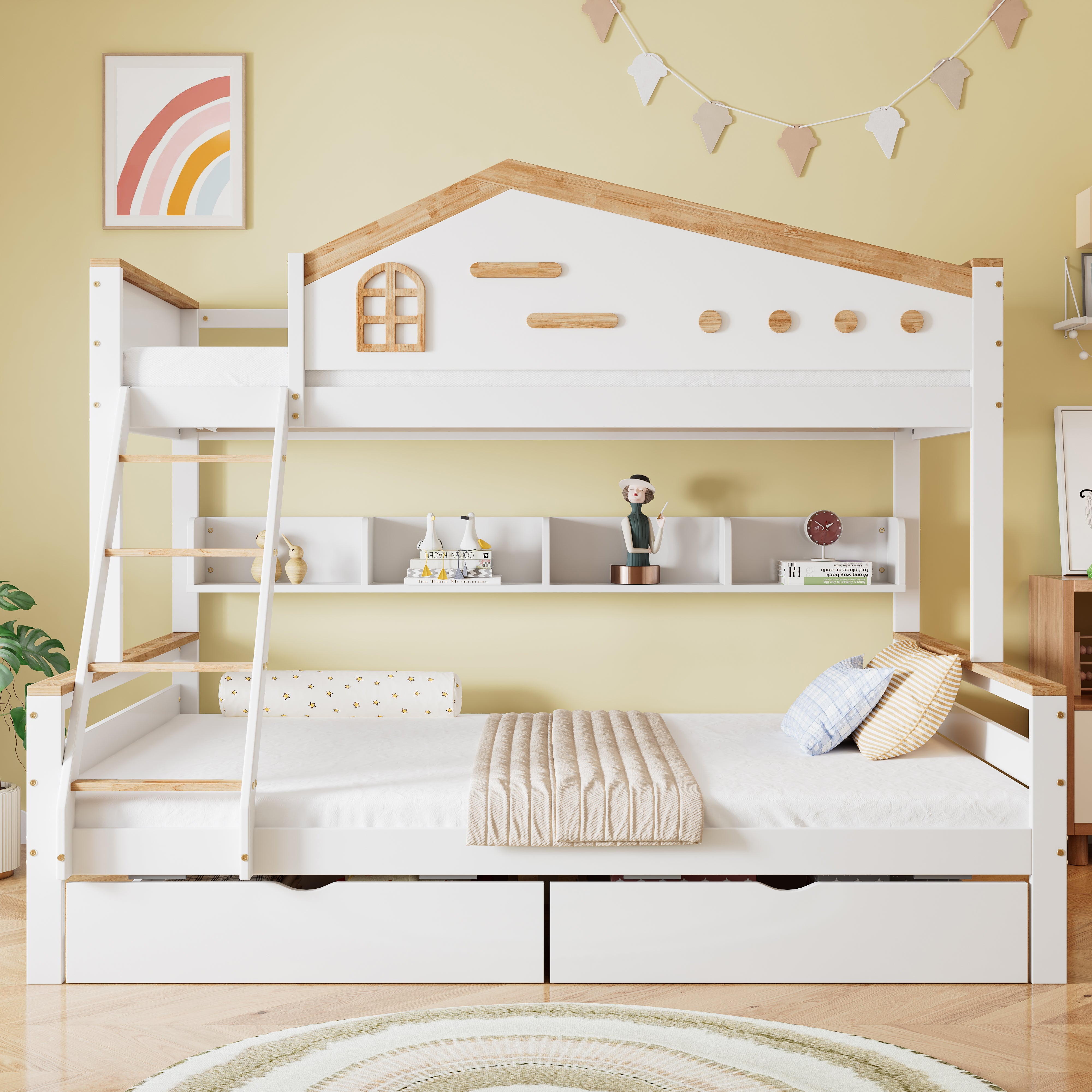 Bunk Bed, Children's with Drawers & Ladder, Pine+MDF White+Natural