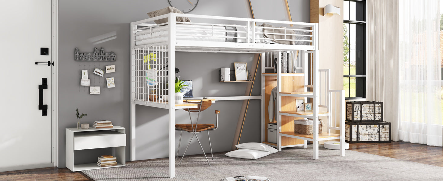 Iron Bed, Bunk/Loft with Table & Wardrobe, White + Natural