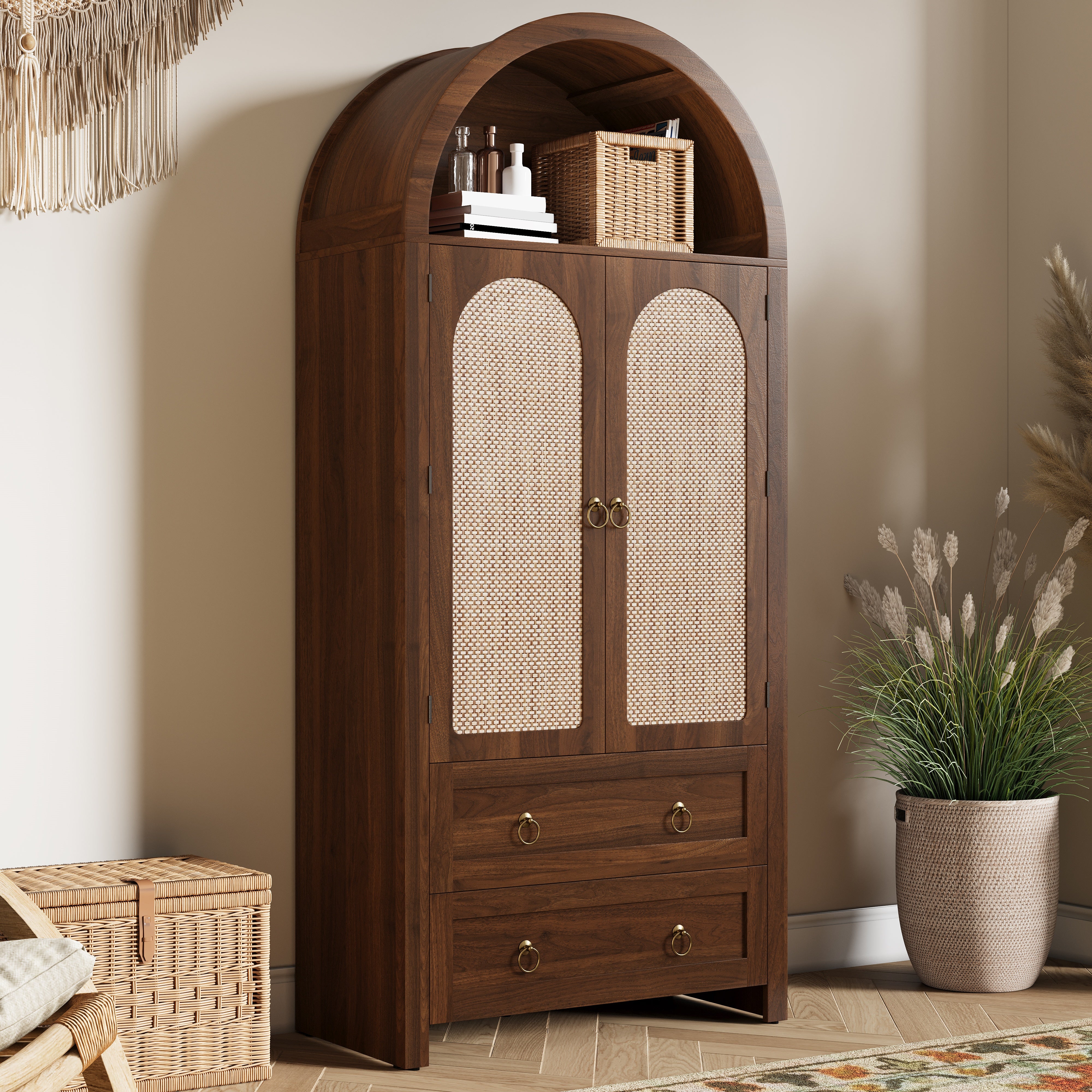 Sideboard Wickerwork Arch Style Double Drawers Storage Vintage