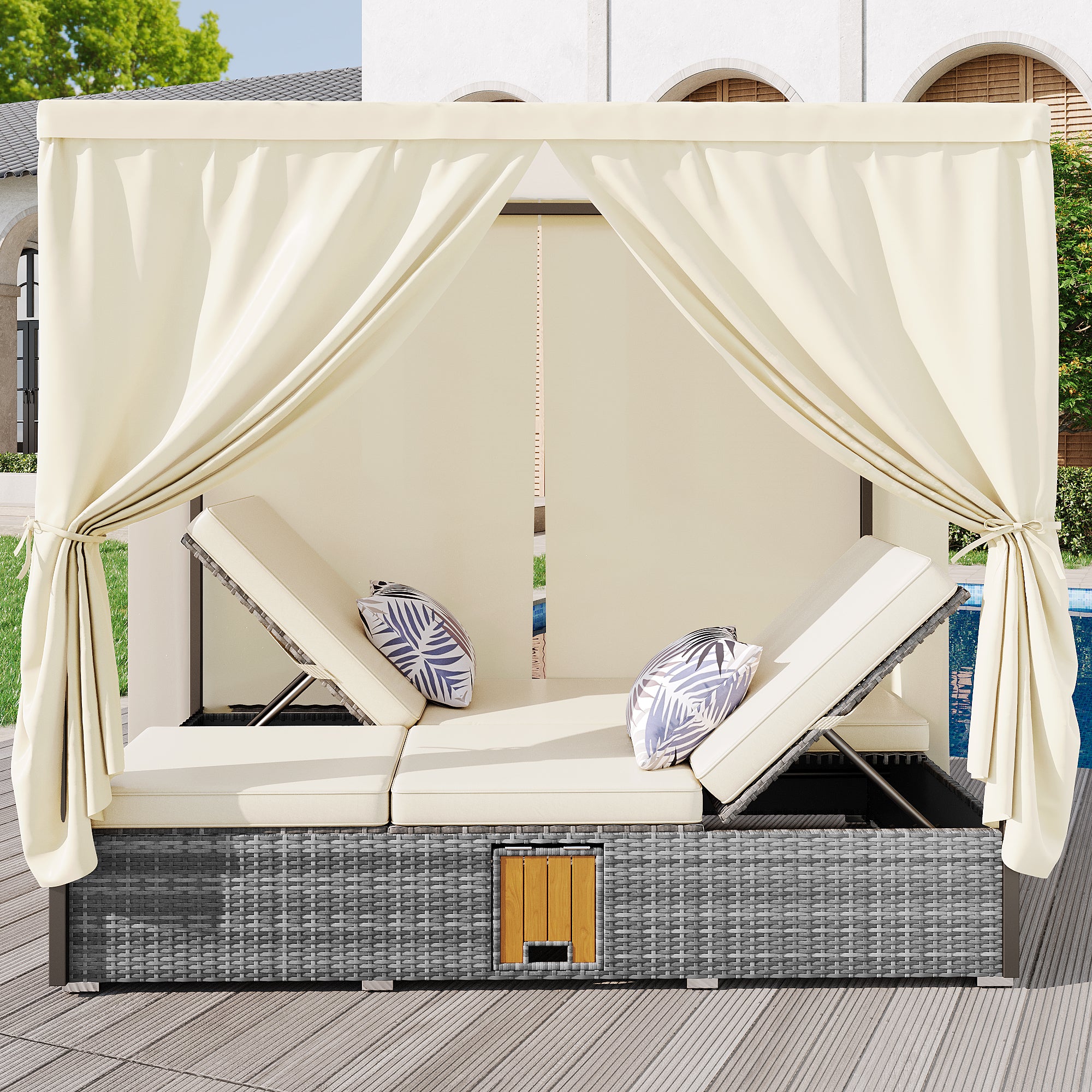 Rattan Garden Lounger Double Bed with Shade Curtain, Foldable & Table - Cream-White