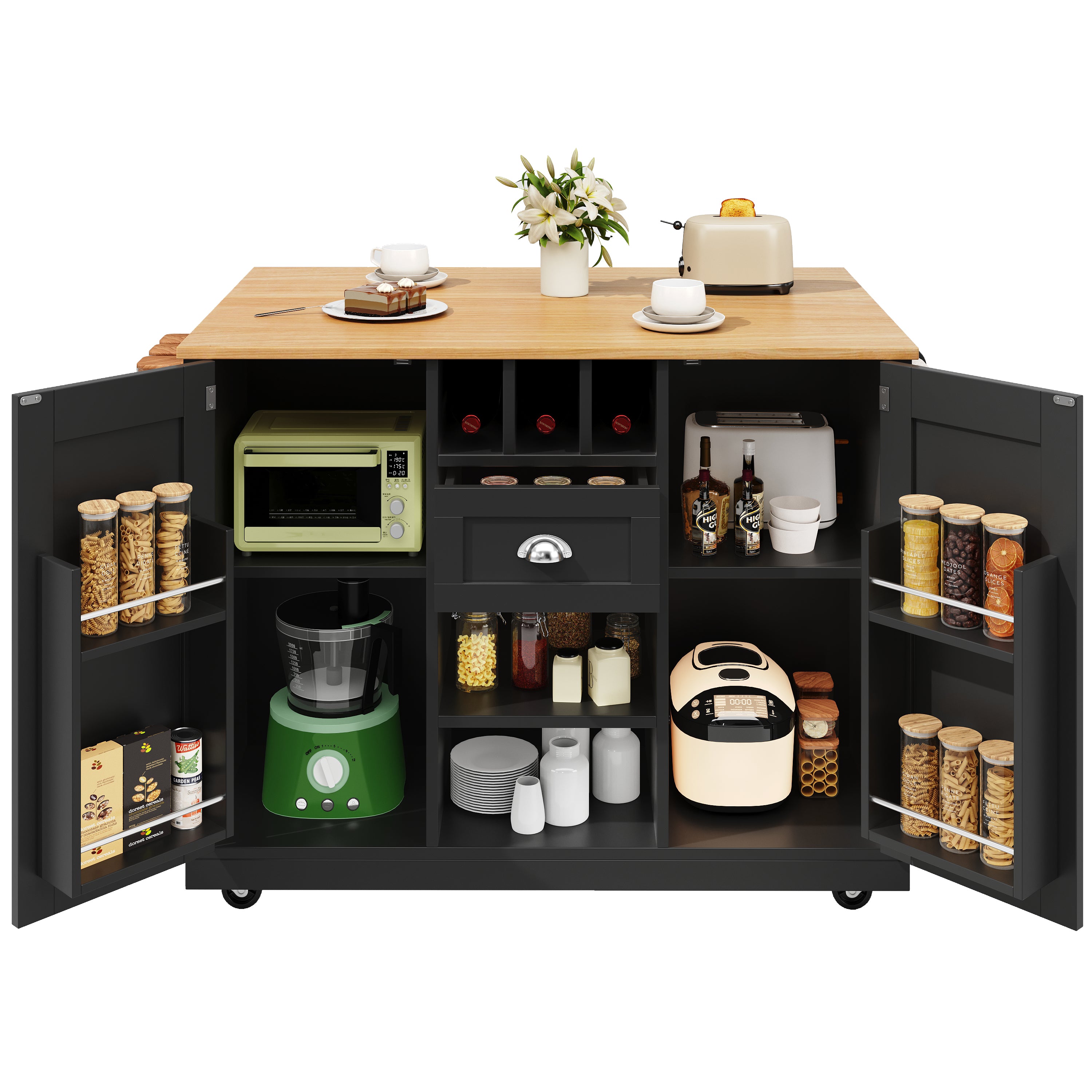 Kitchen Island Dining Trolley with Wine Rack and Casters, Black Wood Grain