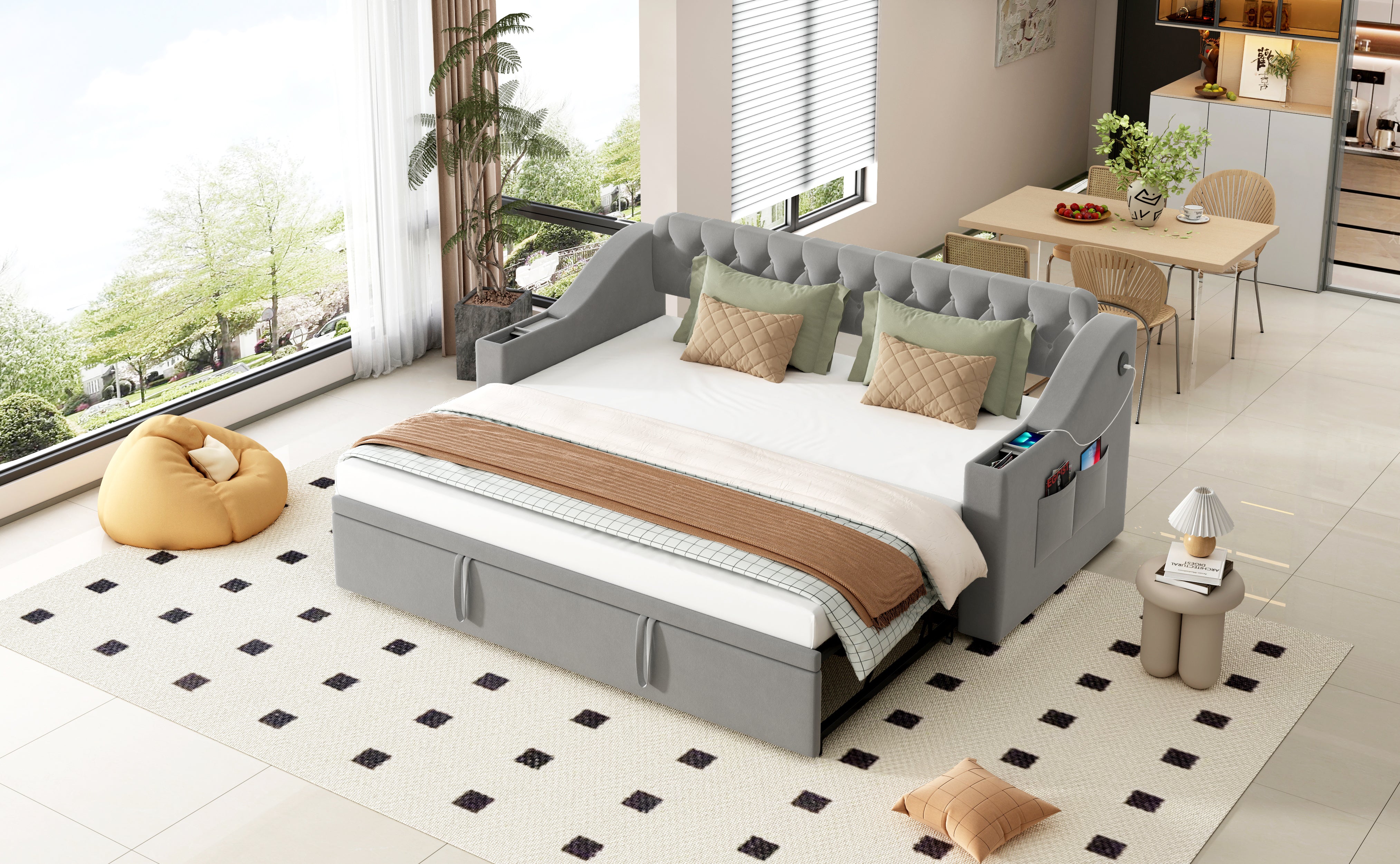 Upholstered Sofa Bed with USB Charging Port, Storage, Slatted Frame, Velvet Fabric, Grey