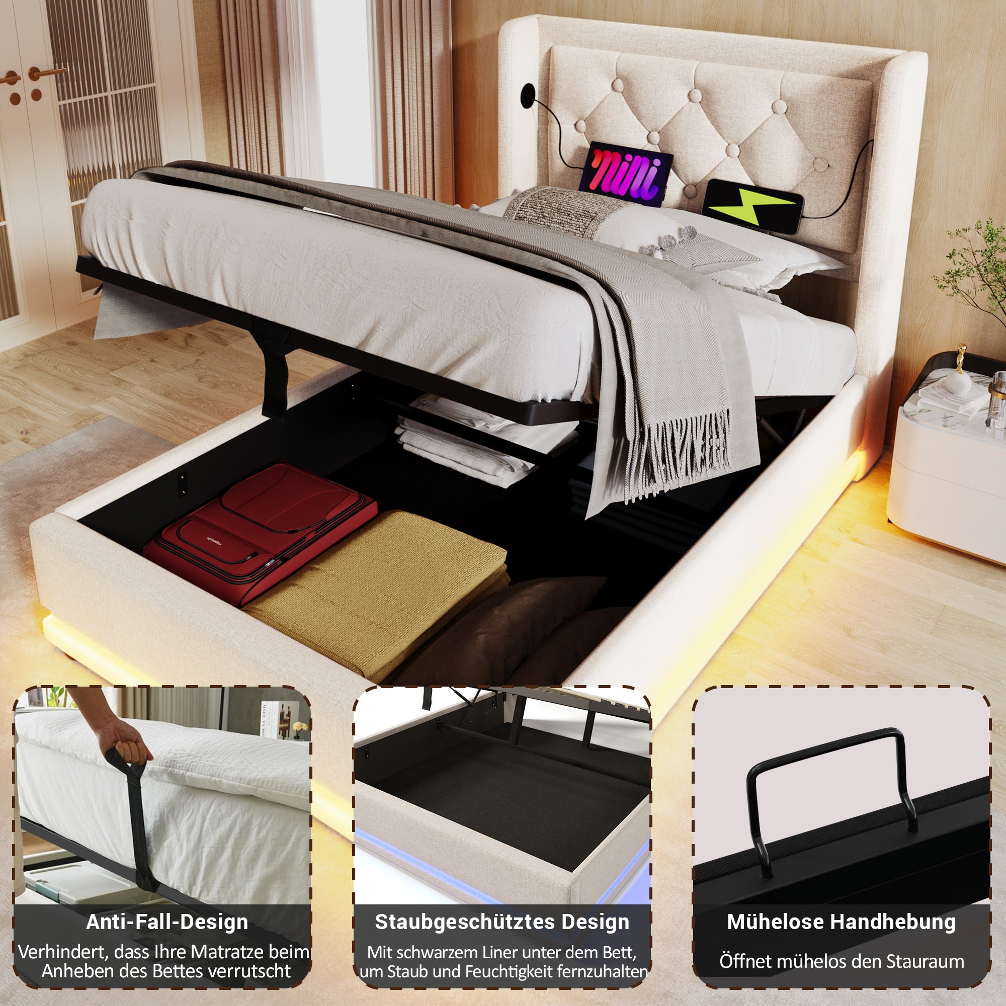 Upholstered Single Bed, 90x200cm Hydraulic Storage with USB & LED, Beige Cotton
