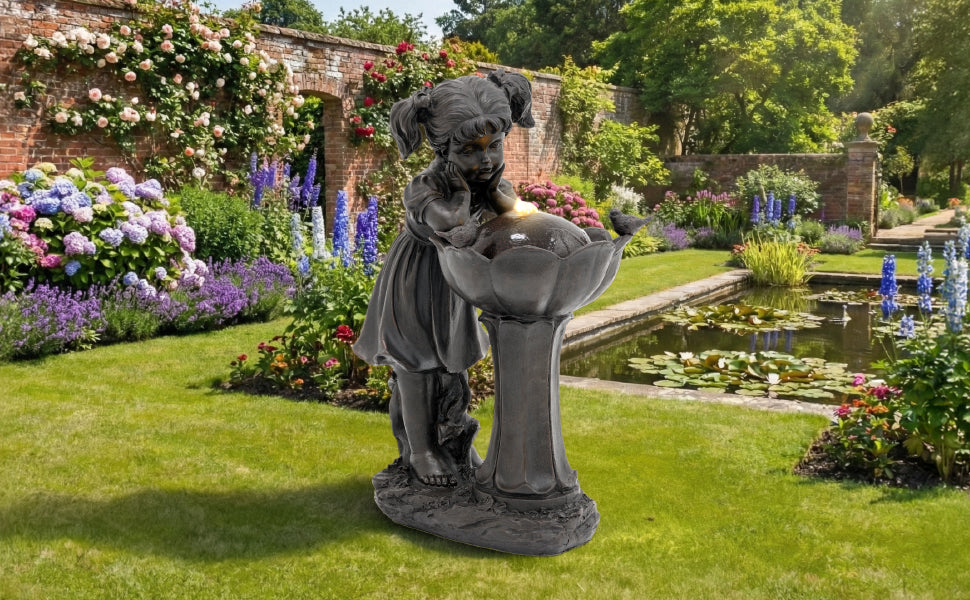 Girl Figurine LED Outdoor Fountain with Tranquil Water Feature, 65.5 cm, Copper Color