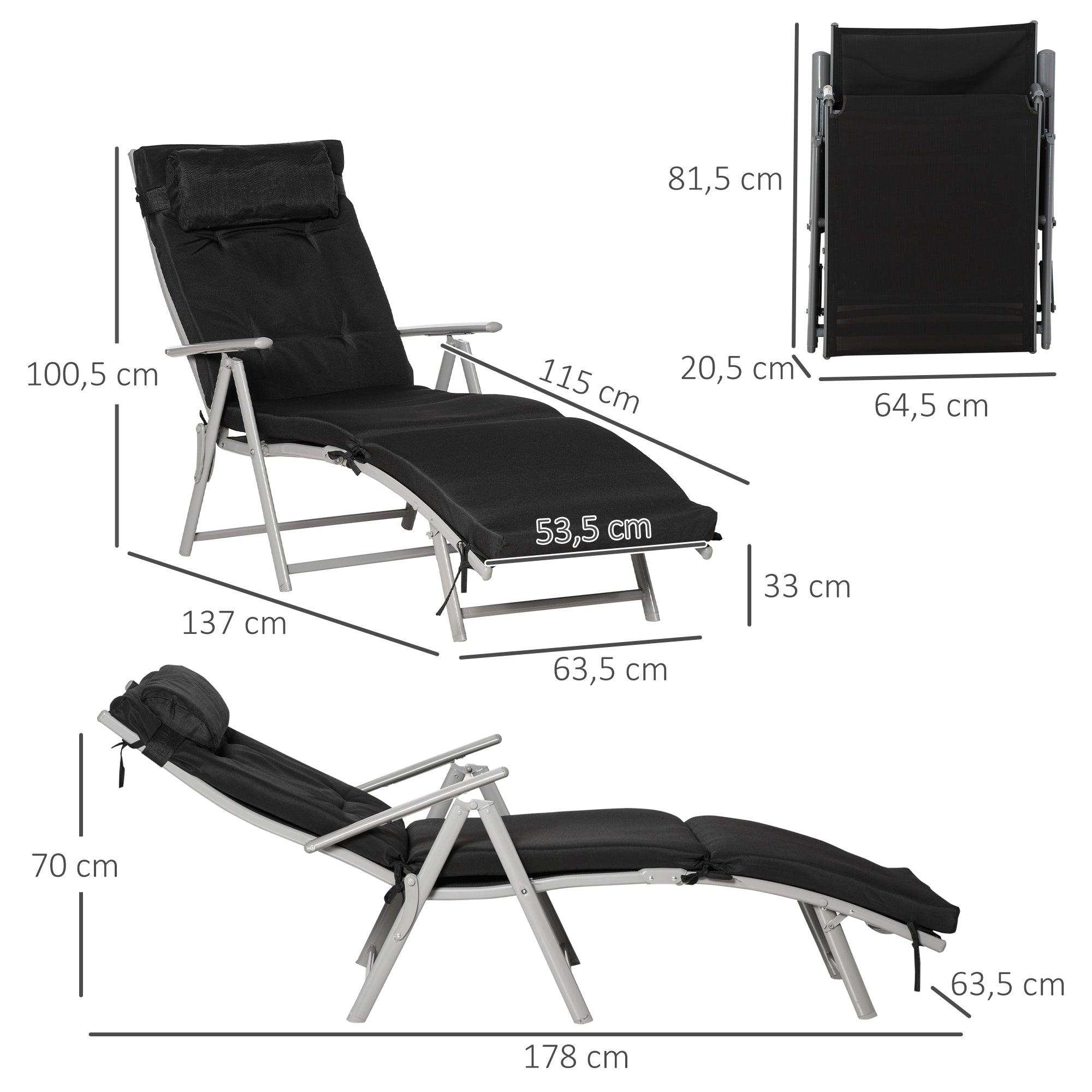 Foldable Beach Lounger, 7 Adjustable Positions Weather-Resistant Cushion, Black Texteline/Metal