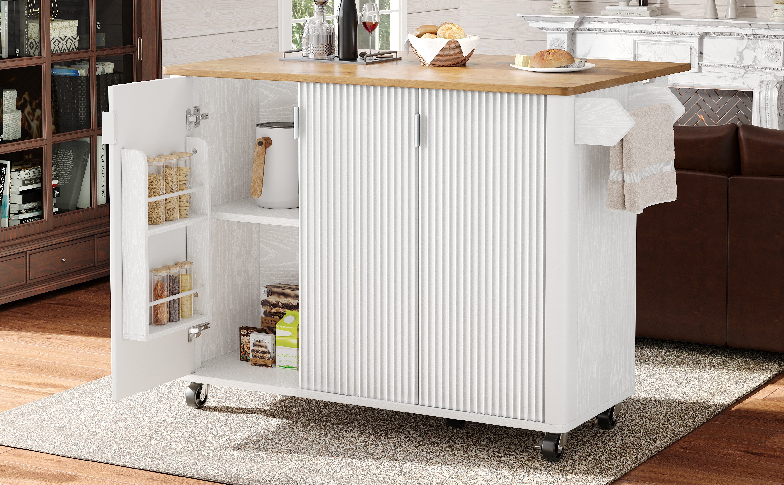 Kitchen Island Trolley Extendable on Wheels Buffet Storage Adjustable Dividers 3 Doors White/Black