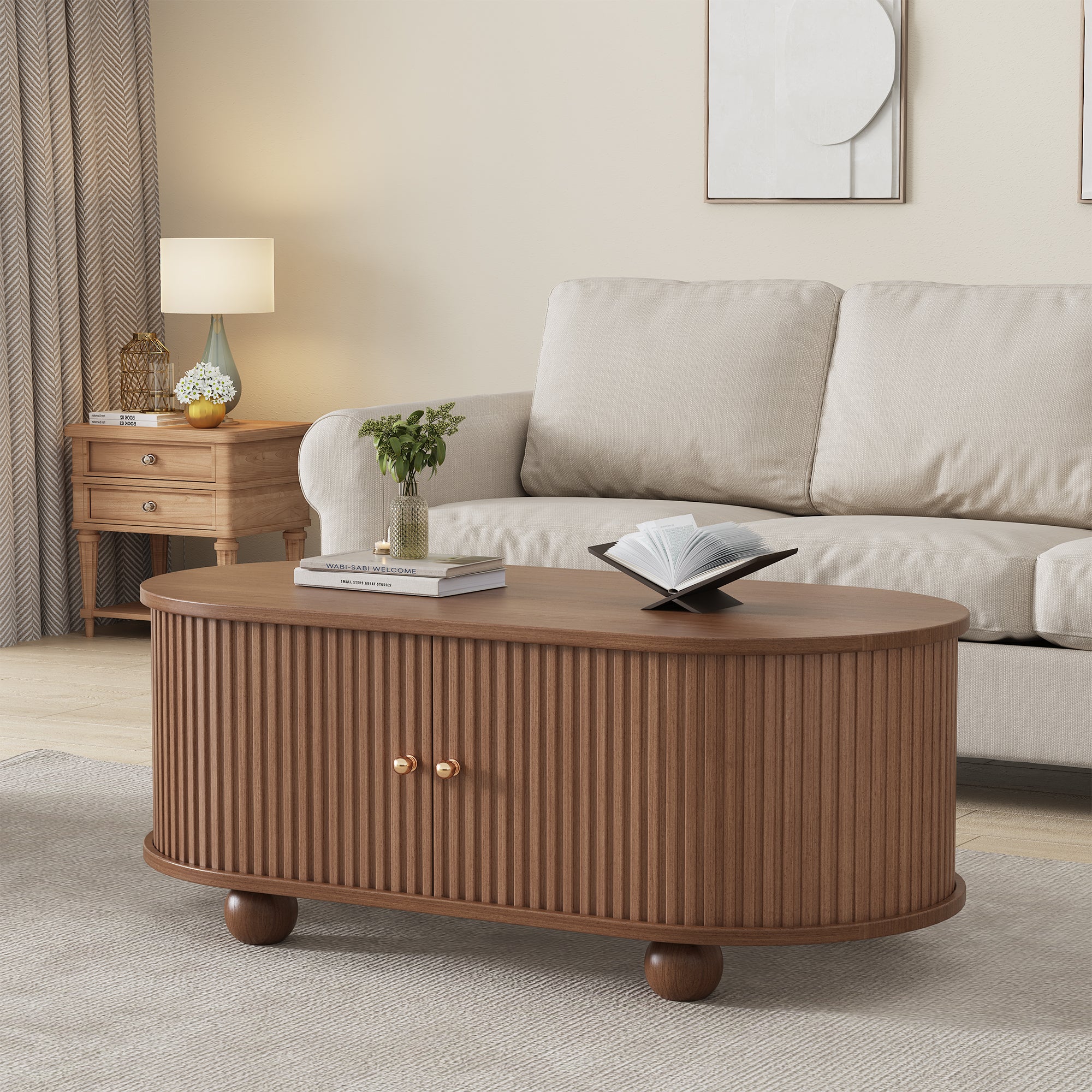 Oval Coffee Table with Sliding Doors and Storage, Oak MDF