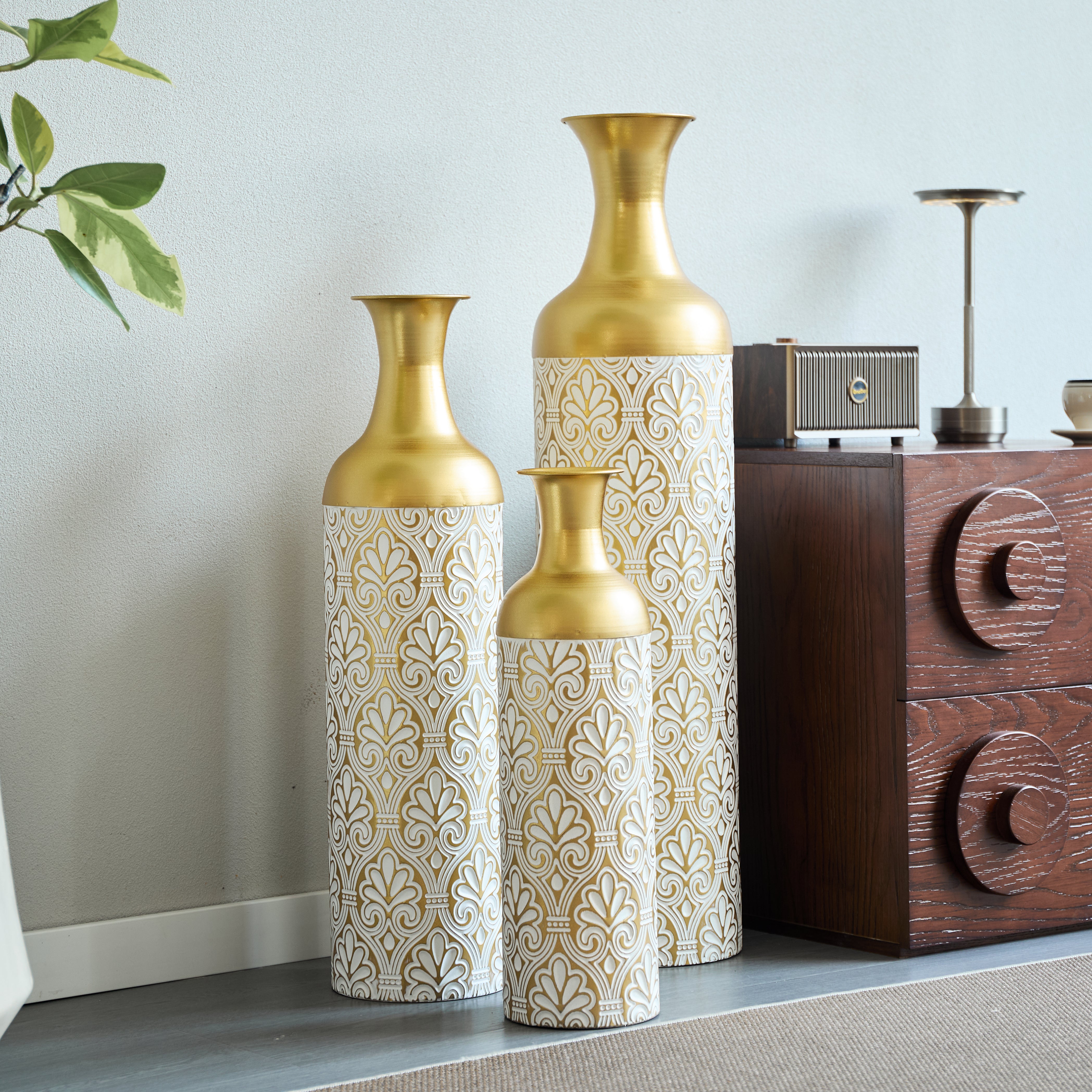 Floor Vase Set 3 Large Decorative 83/65/50cm High White Gold Metal