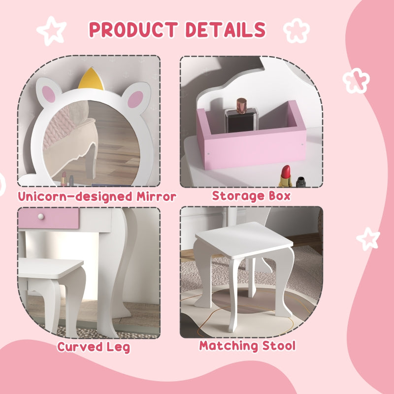 Unicorn-Design Kids Dressing Table with Mirror and Stool, White