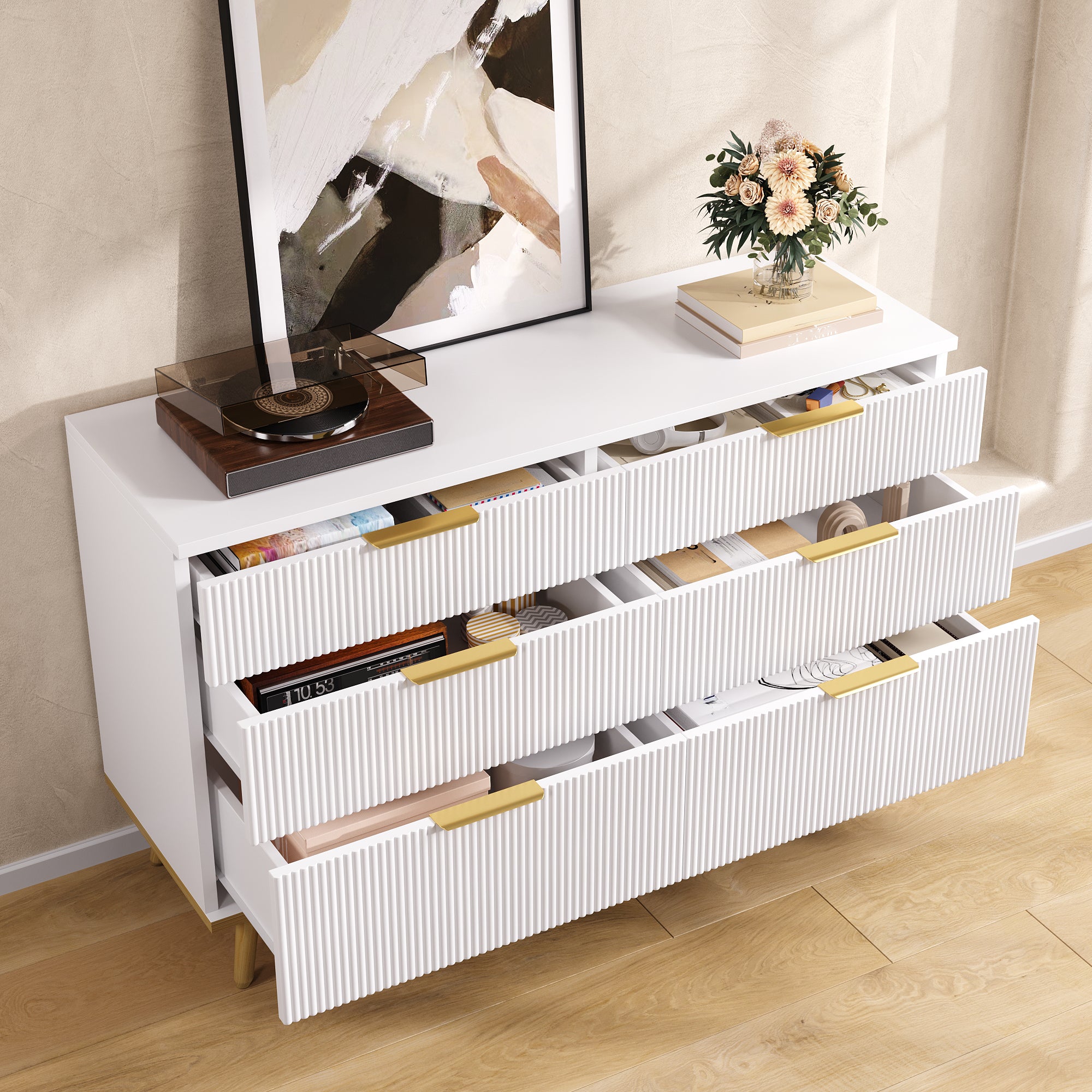 Modern 6-Drawer Chest of Drawers with Wood-Look Feet, White Particleboard