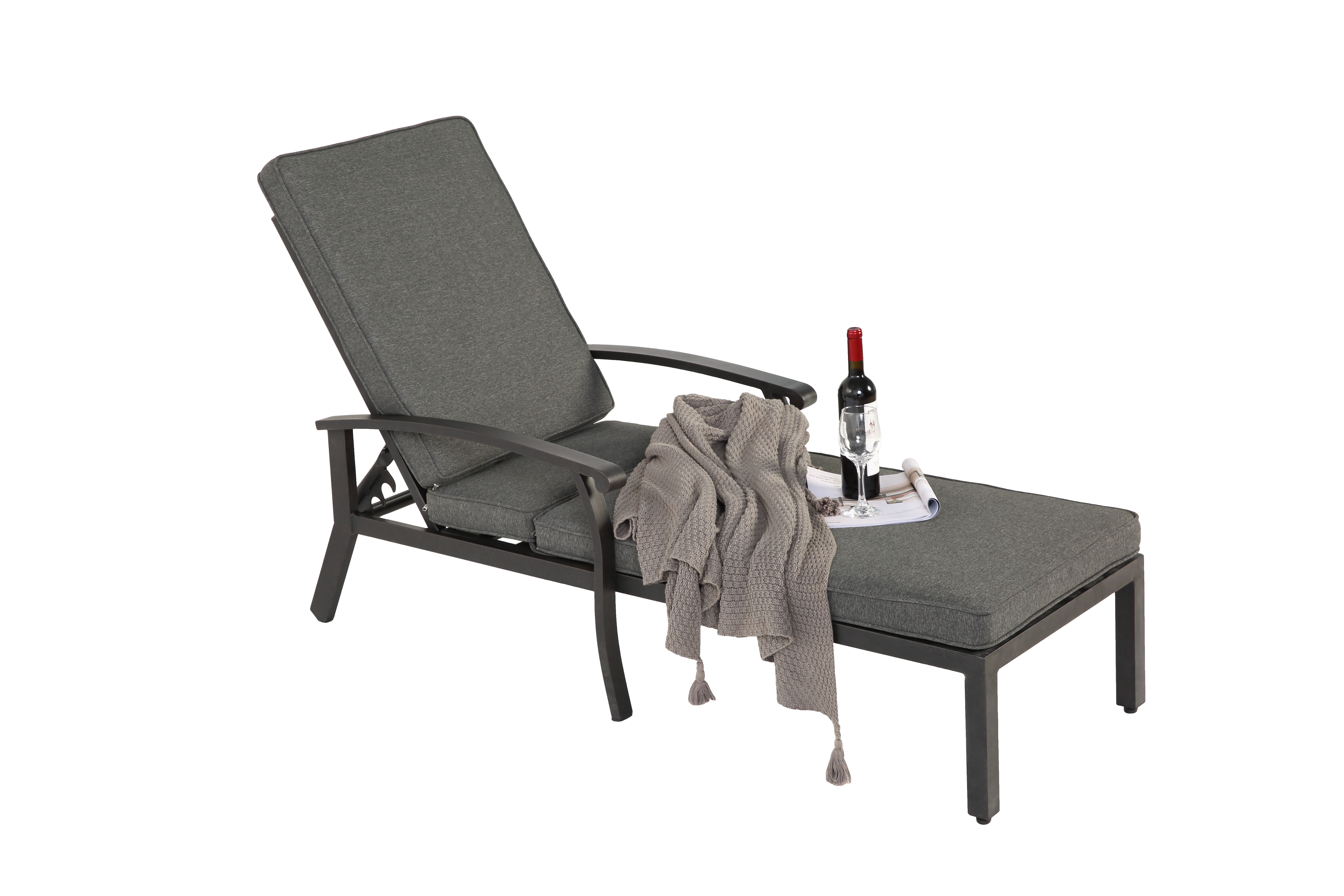 Lounge Patio Chair, Adjustable Reclining Rustproof Aluminum, Gray Cushion