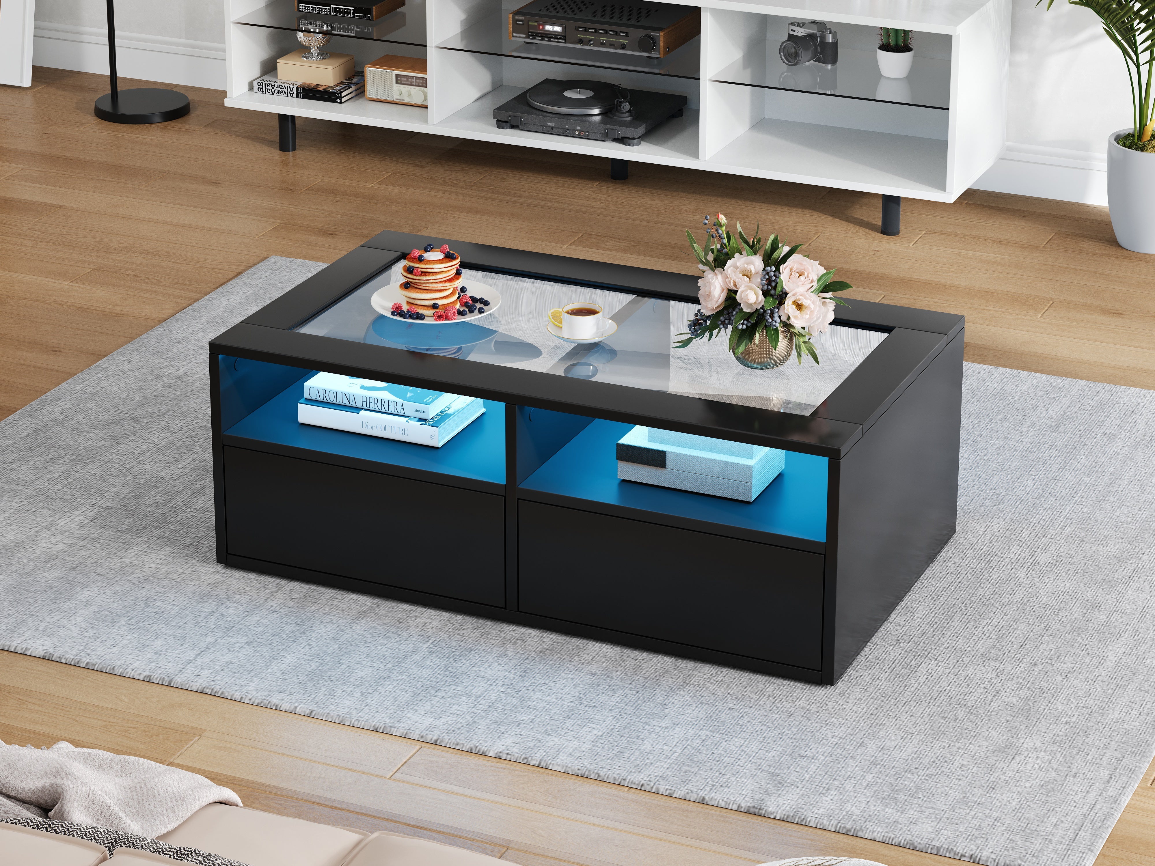 Coffee Table 100x50x35cm LED Light 2 Drawers Glass Storage Black